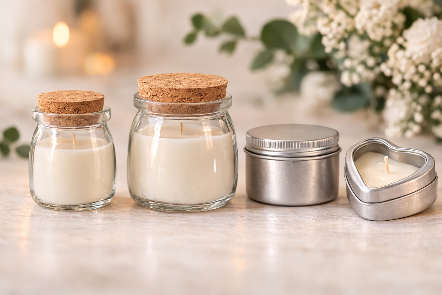 Four candles in glass jars with cork lids and a small metal container, all arranged on a table with flowers in the background.