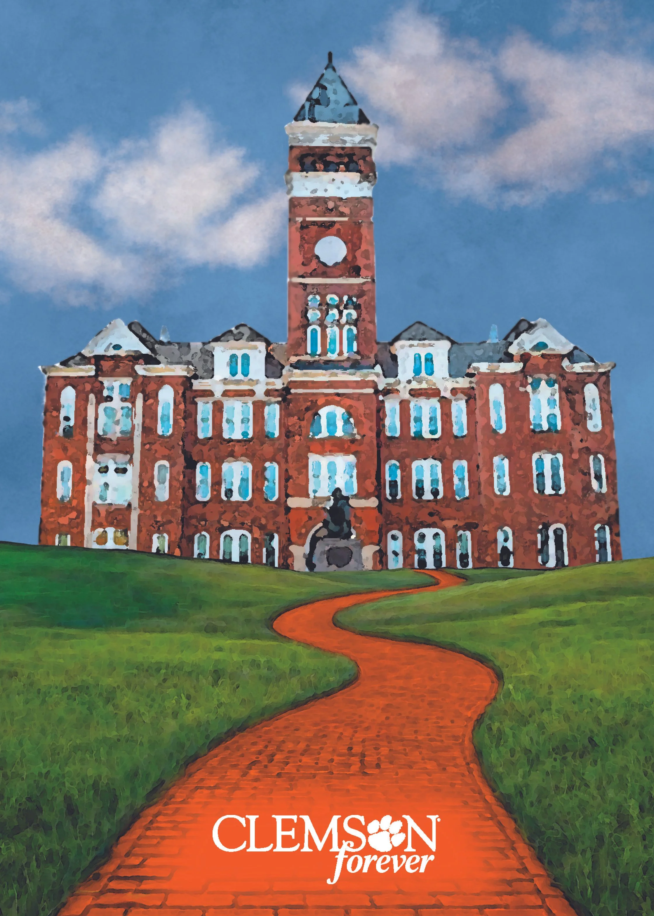 Digital painting of a historic brick building with a clock tower, green grass in the foreground, blue sky with clouds in the background, and the text "Clemson is forever" at the bottom.
