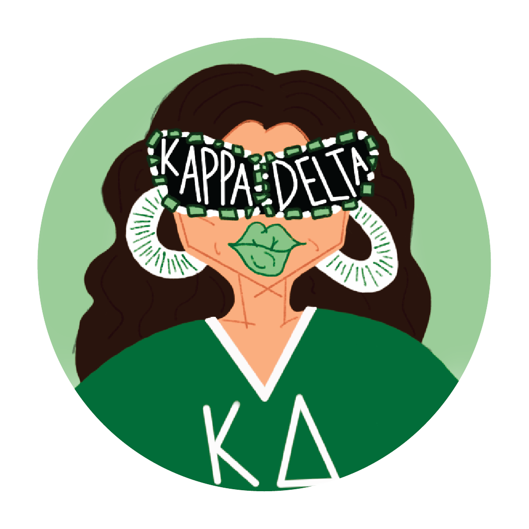 Illustration of a woman with long dark hair wearing green clothing, large earrings, green lipstick, and glasses that say 'Kappa Delta'. The background is light green.