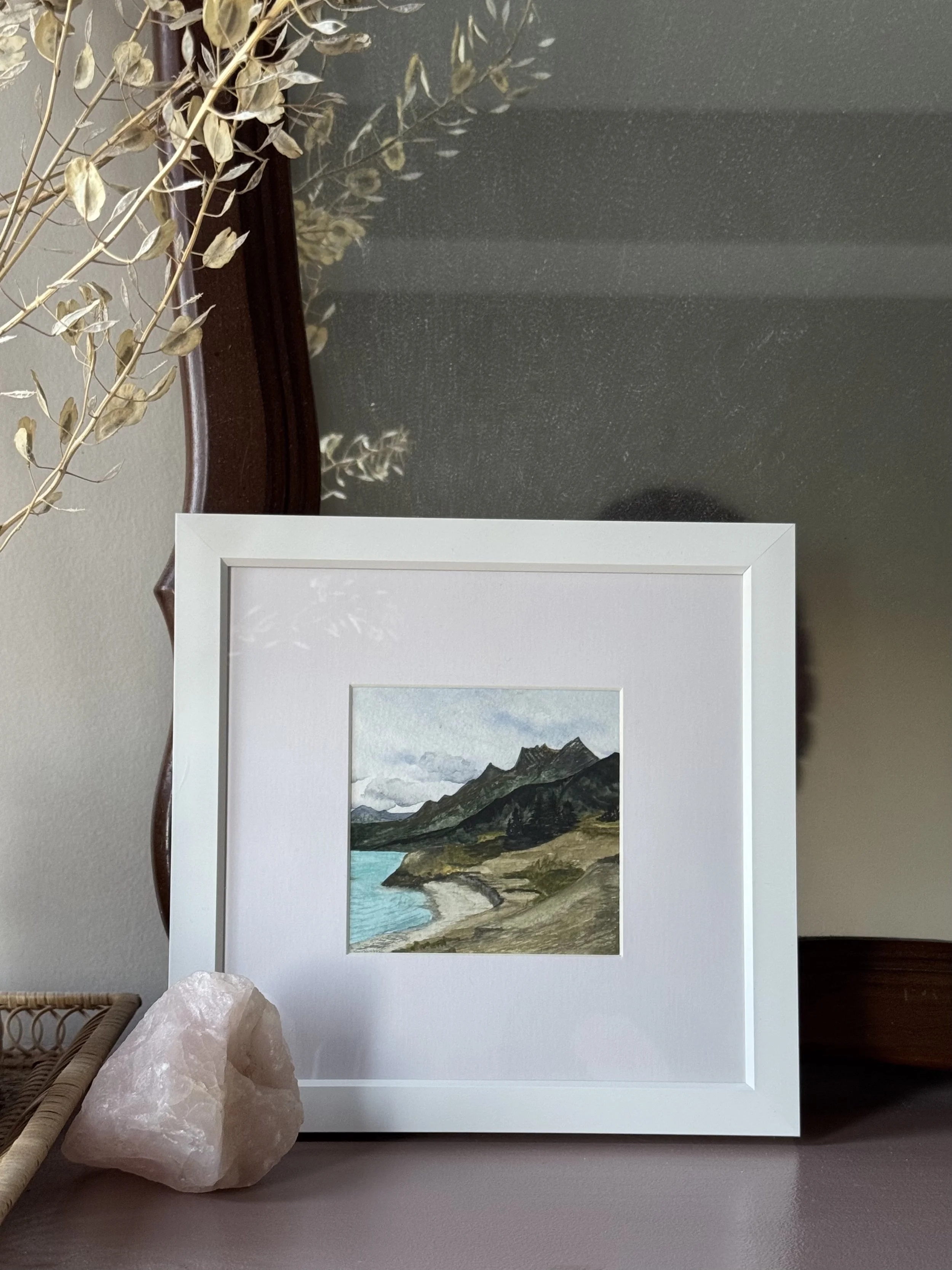 Original Watercolour Landscape Painting of the Mountains over Abraham Lake in Alberta