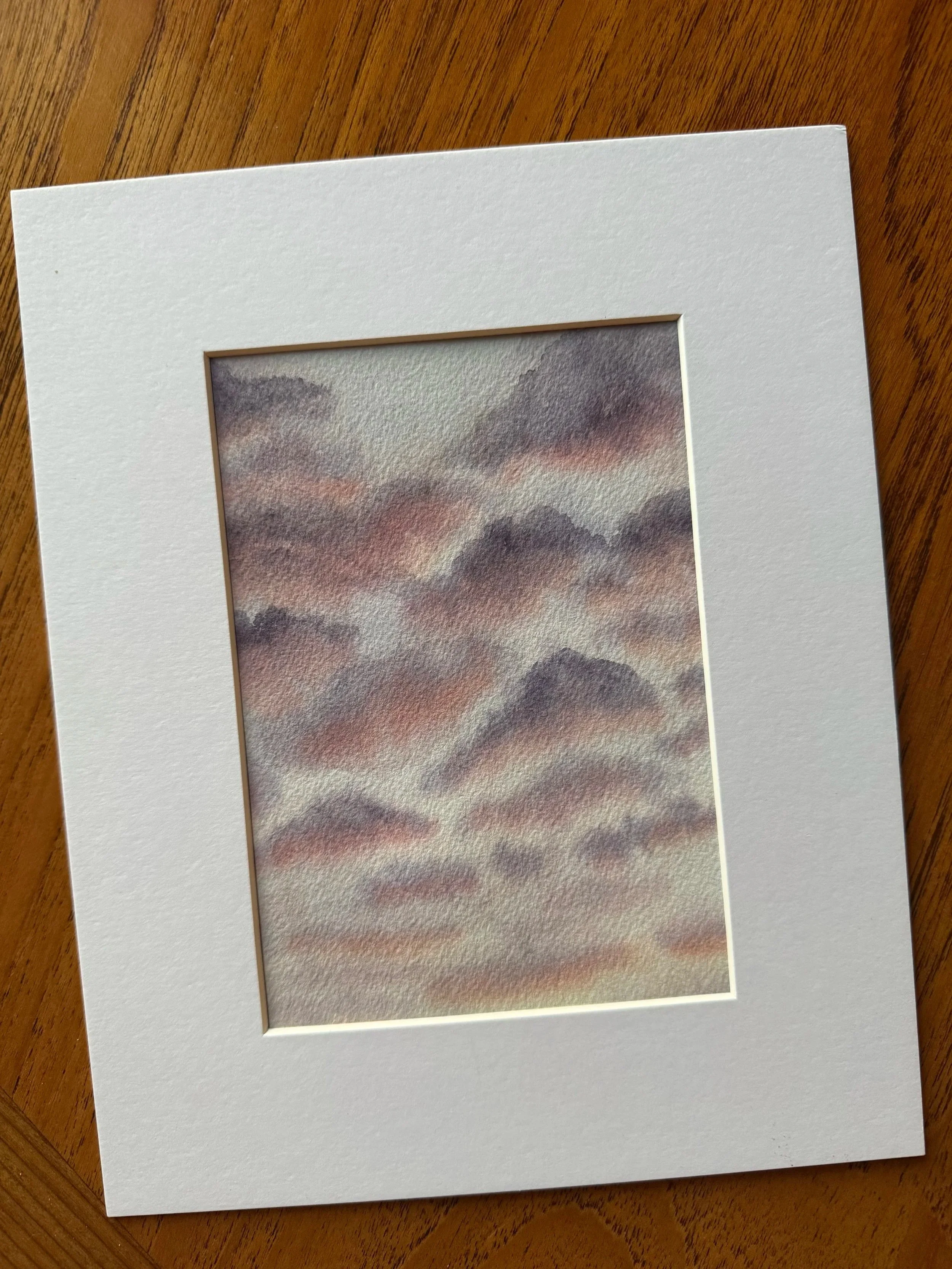 Original Watercolour Landscape Painting of pink clouds at sunrise