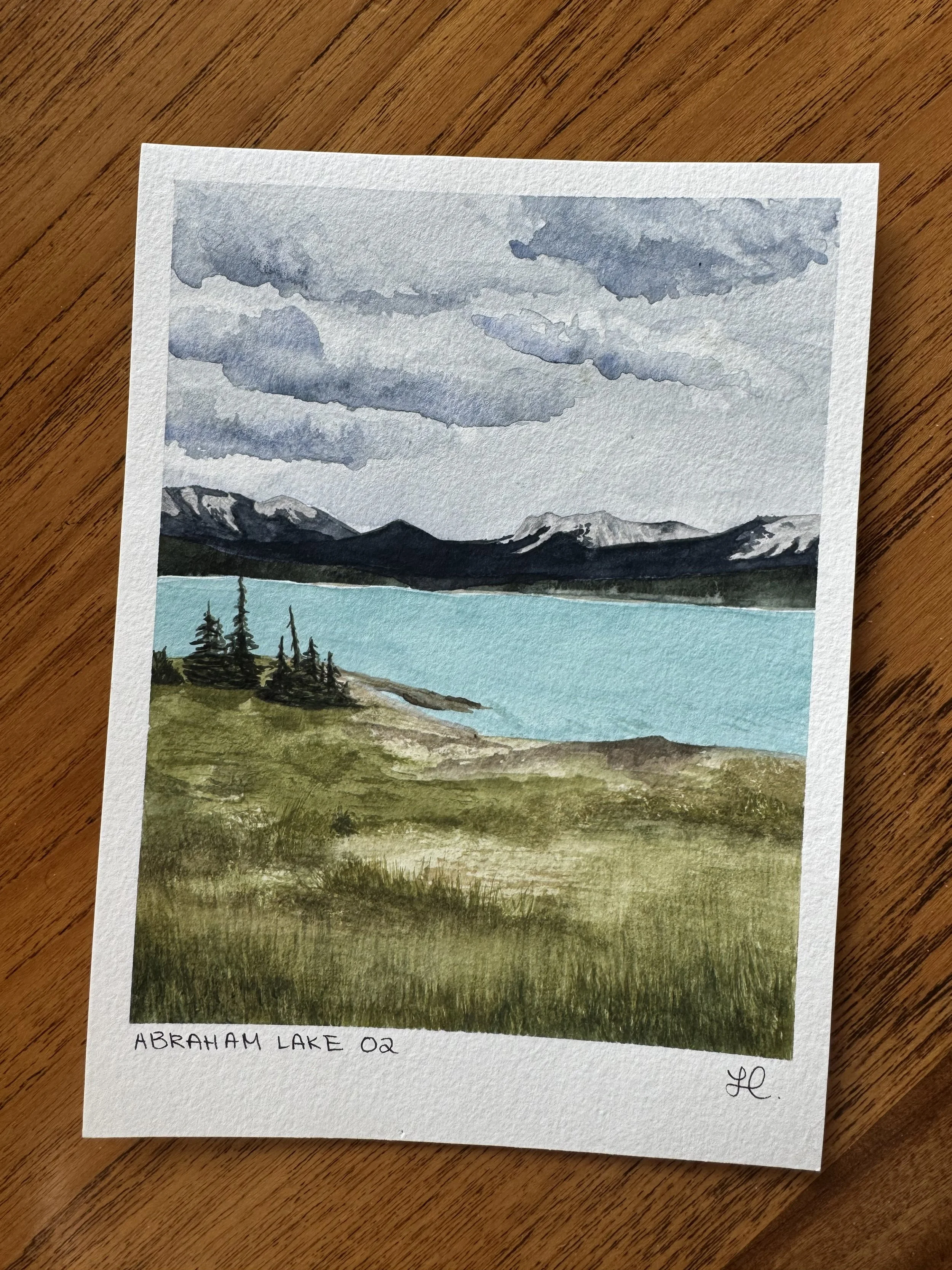 Original Watercolour Landscape Painting of the Mountains over Abraham Lake in Alberta