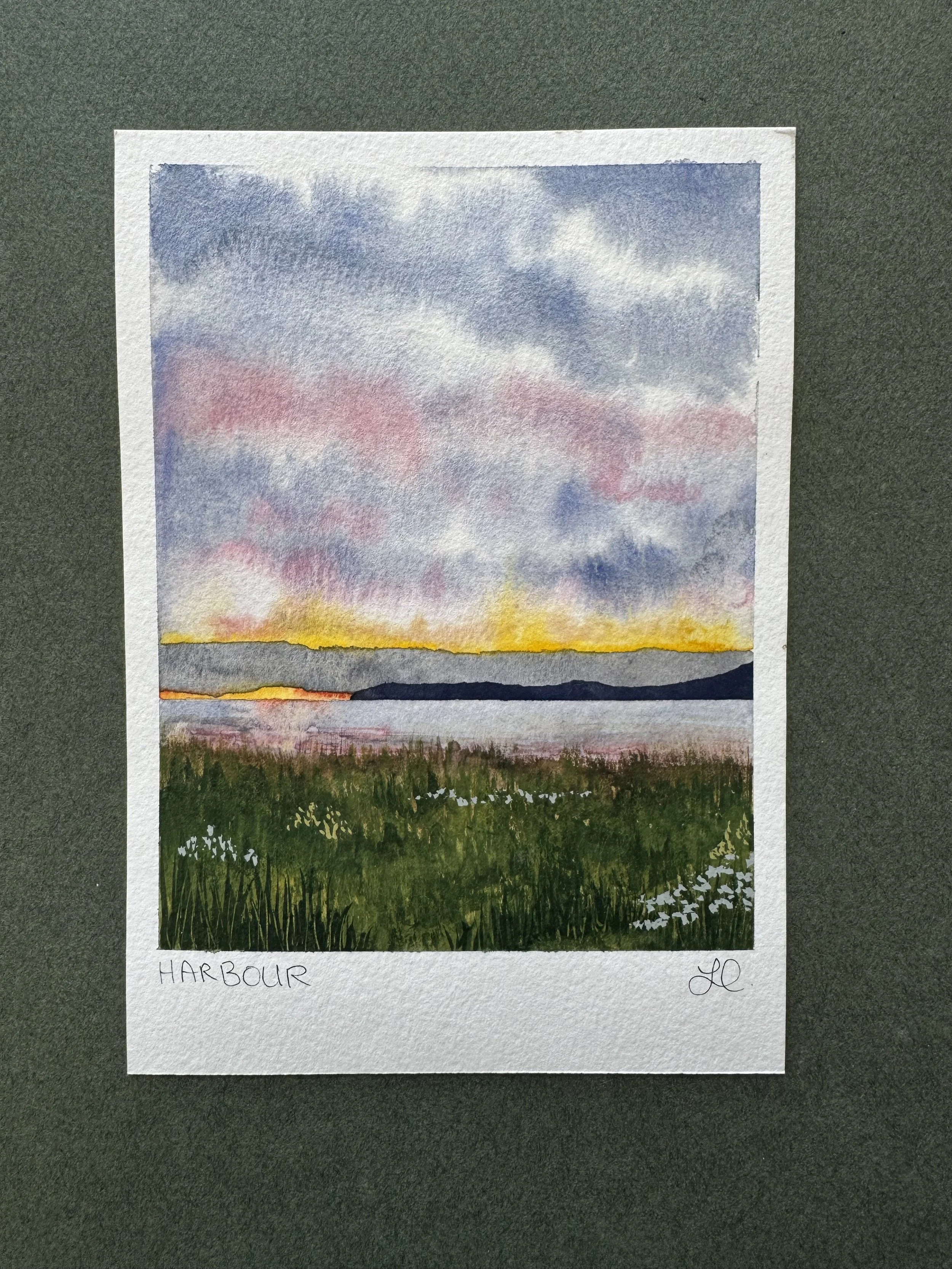 Original Watercolour Landscape painting of a sunset in Rocky Harbour, Newfoundland