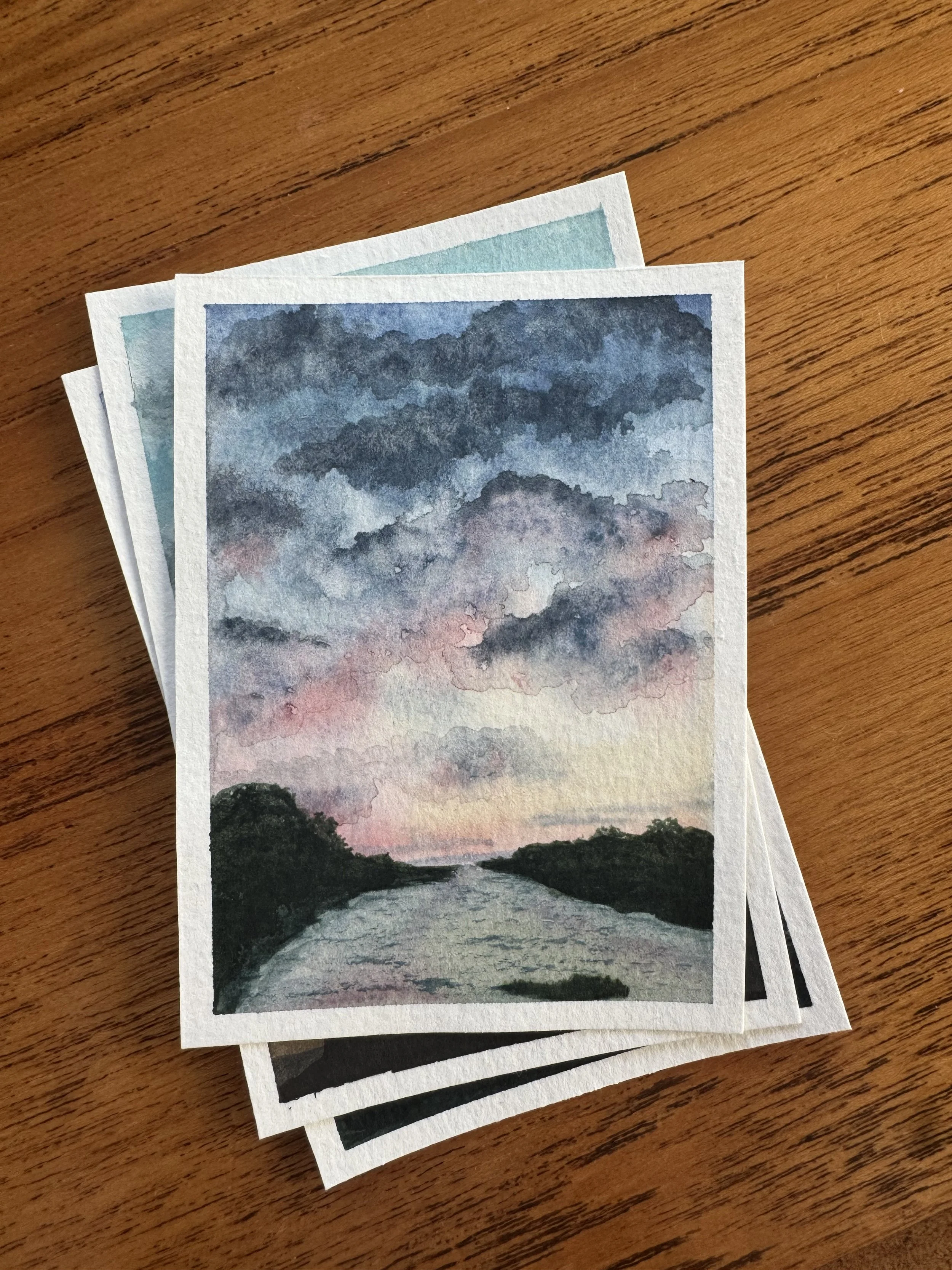 Original Watercolour Landscape Painting of the Bow River at Sunset