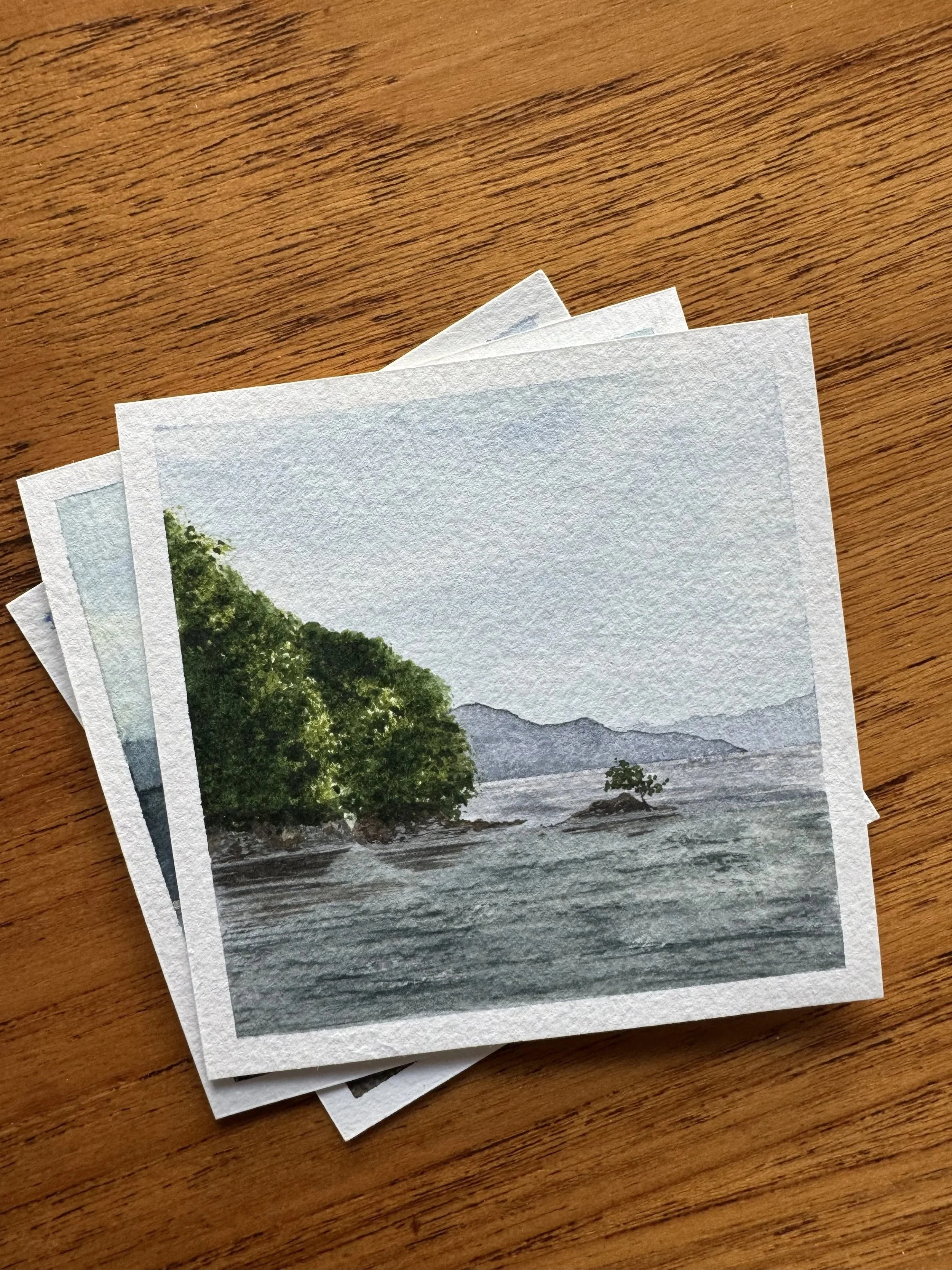 a watercolour painting of Ine, Japan showing a mountain range, trees and choppy water.