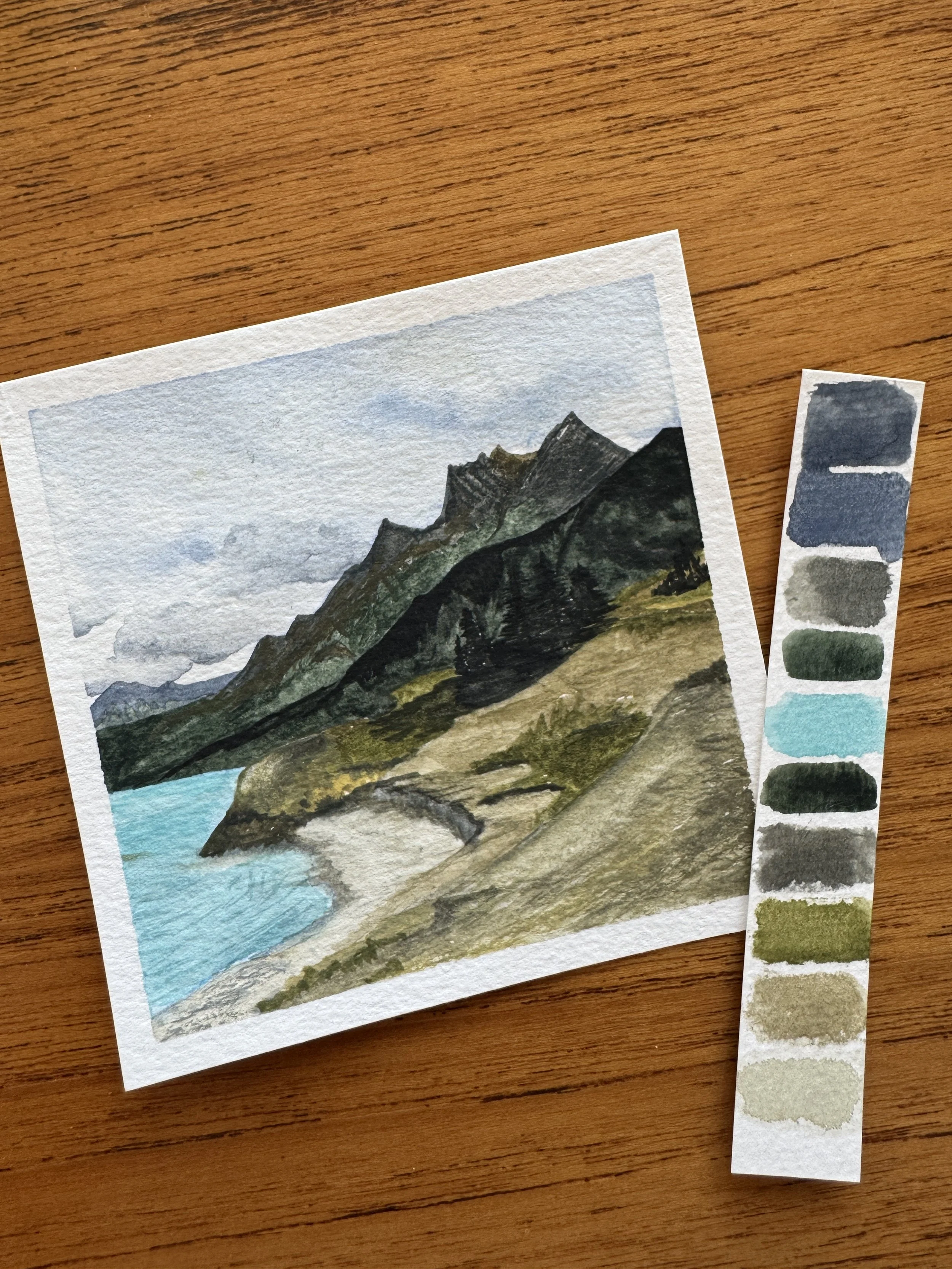 Original Watercolour Landscape Painting of the Mountains over Abraham Lake in Alberta