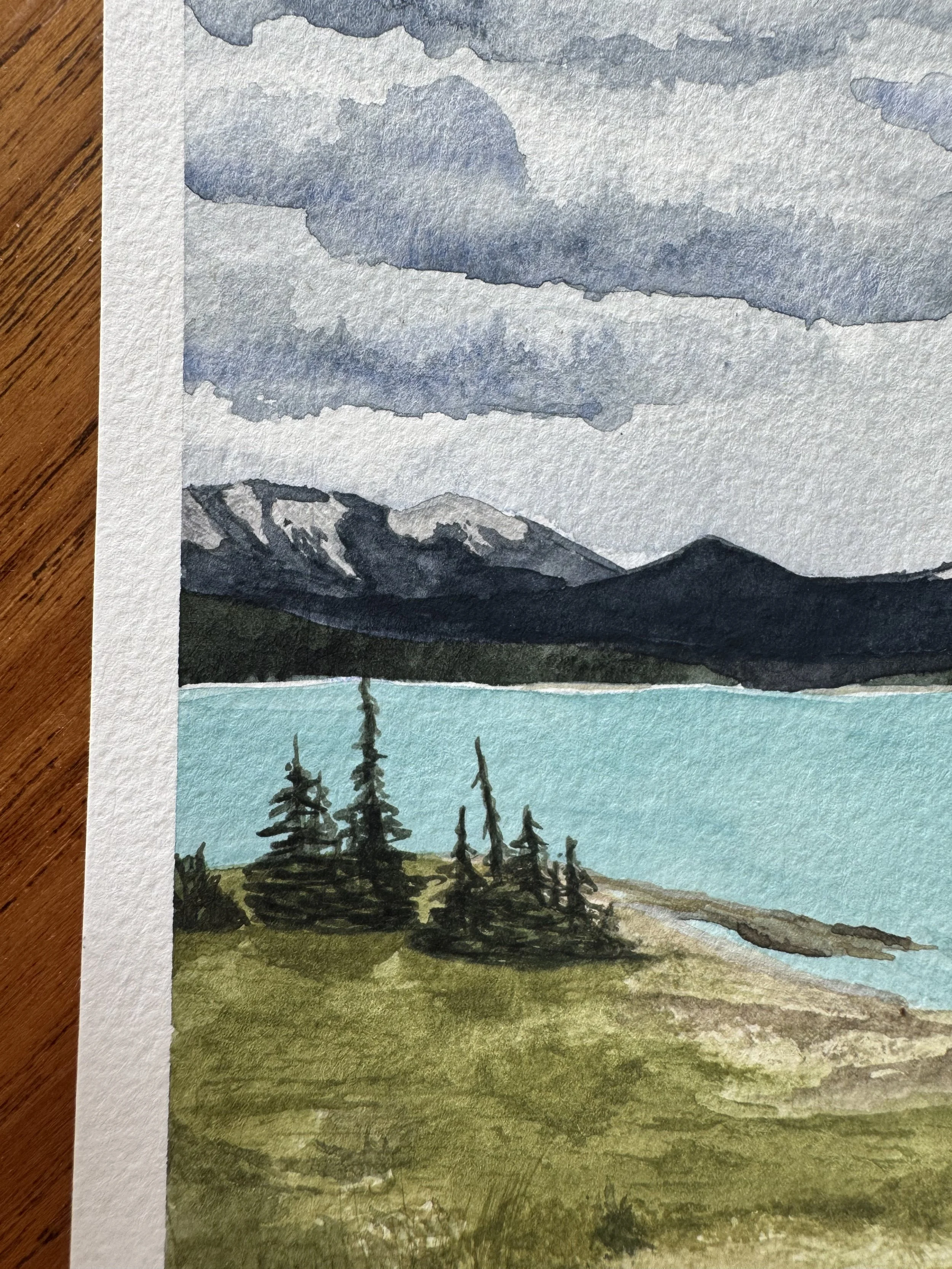 Original Watercolour Landscape Painting of the Mountains over Abraham Lake in Alberta