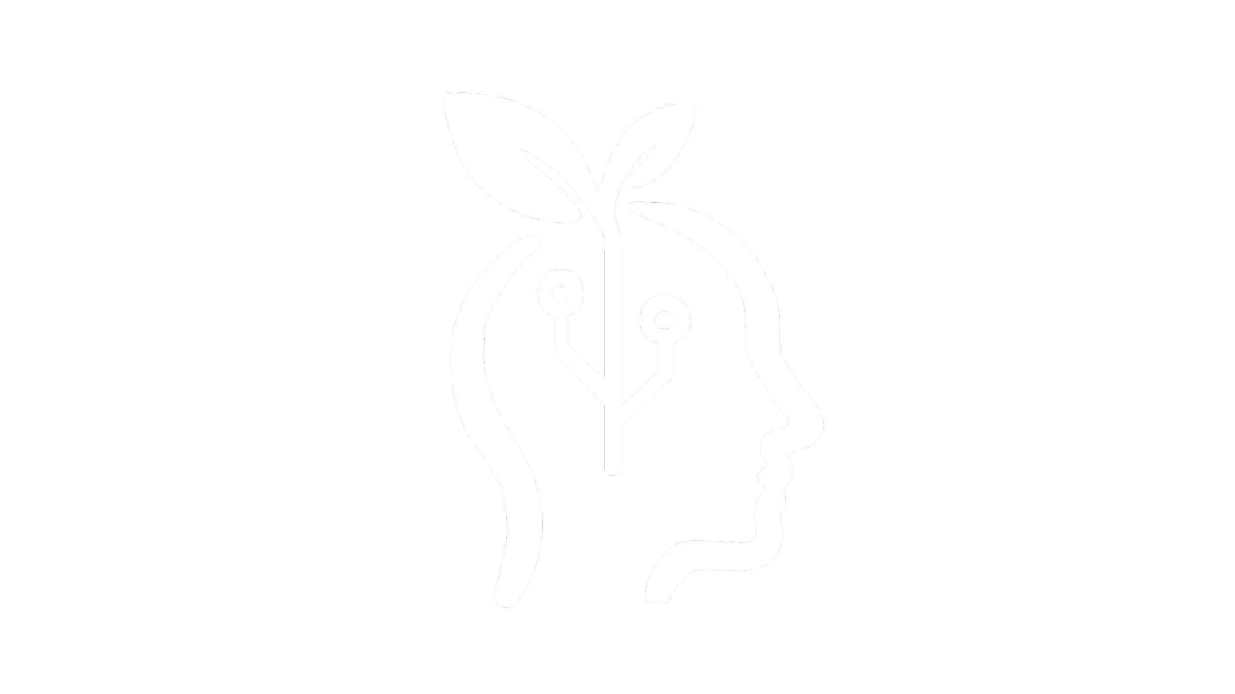 A line drawing of a human head outline with a leaf growing from the top, symbolizing growth or sustainability.