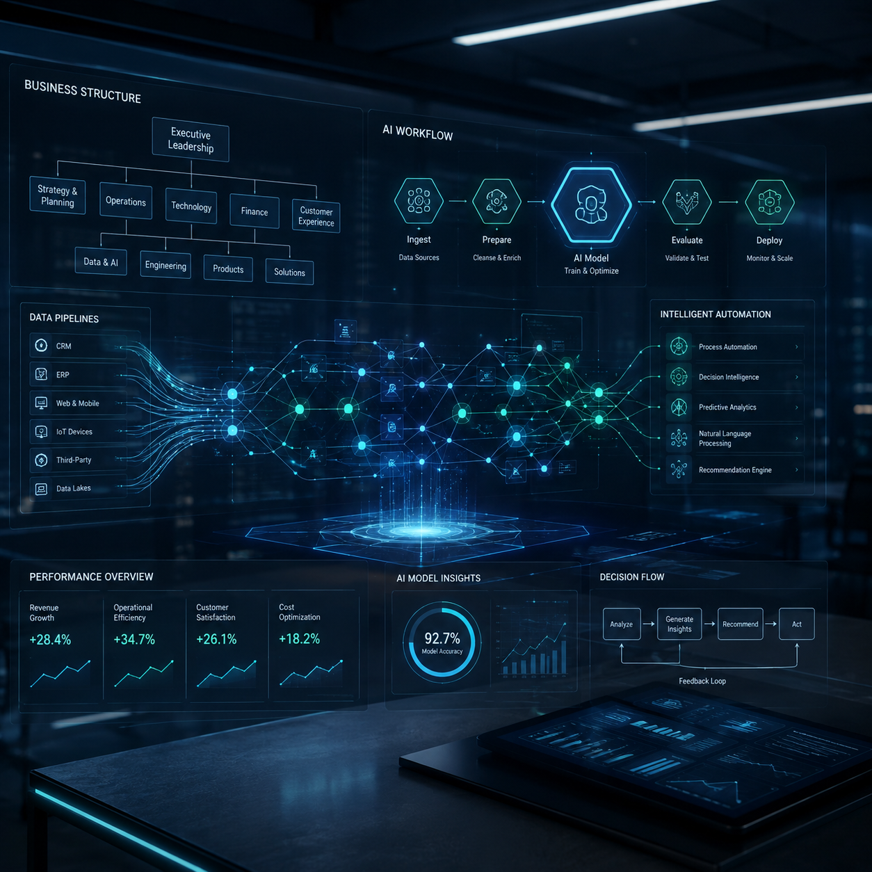 Digital interface displaying a business structure, AI workflow, data pipelines, automation, performance metrics, AI insights, and decision flow in a futuristic setting.