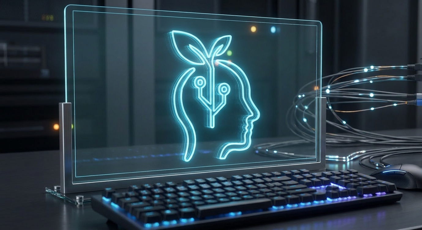 Futuristic computer setup with a transparent screen displaying a neon outline of a human head with a leaf growing from the top, and circuit lines inside the head, alongside a keyboard and mouse.