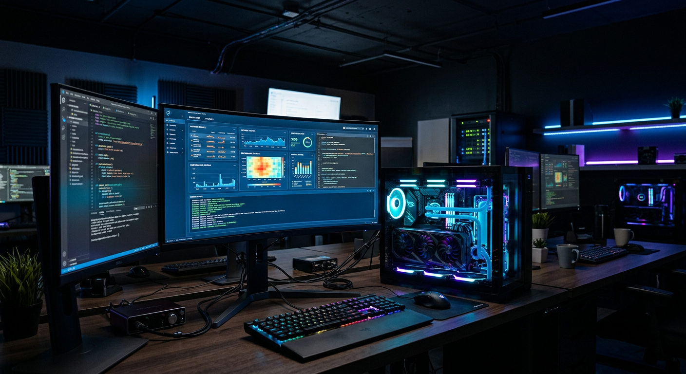 A computer workstation with multiple screens, a desktop PC with RGB lighting, a keyboard, and a mouse in a dark room with colorful LED lighting.