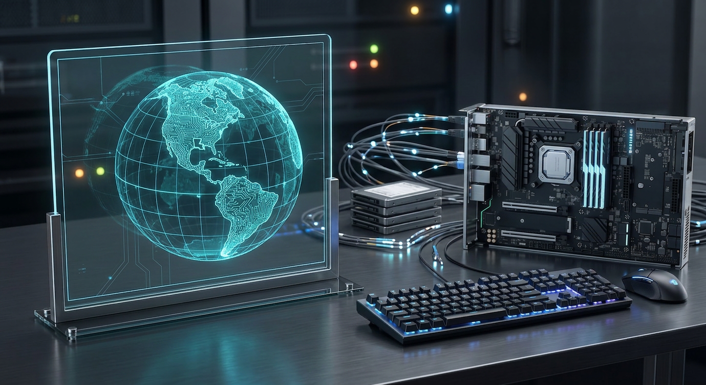 A high-tech workstation with a holographic display of a digital globe, a computer motherboard, a keyboard, a mouse, and multiple hard drives connected by cables.