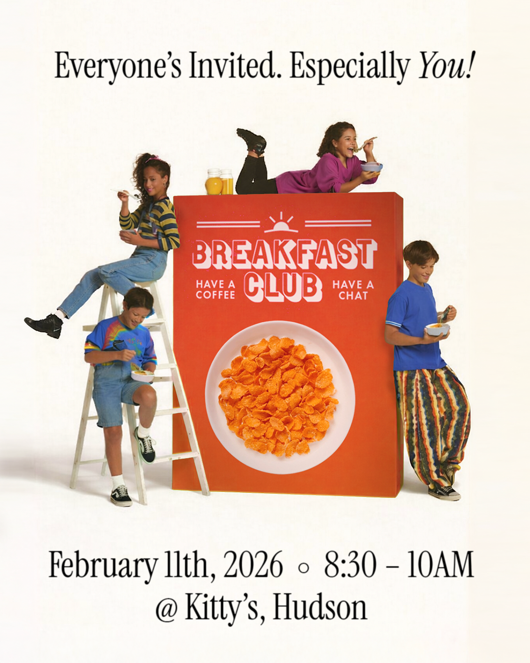A breakfast club invitation featuring children eating cereal and drinking juice, with text inviting everyone, especially you, to a breakfast event on February 11th, 2026, from 8:30 to 10 am at Kitty's in Hudson.