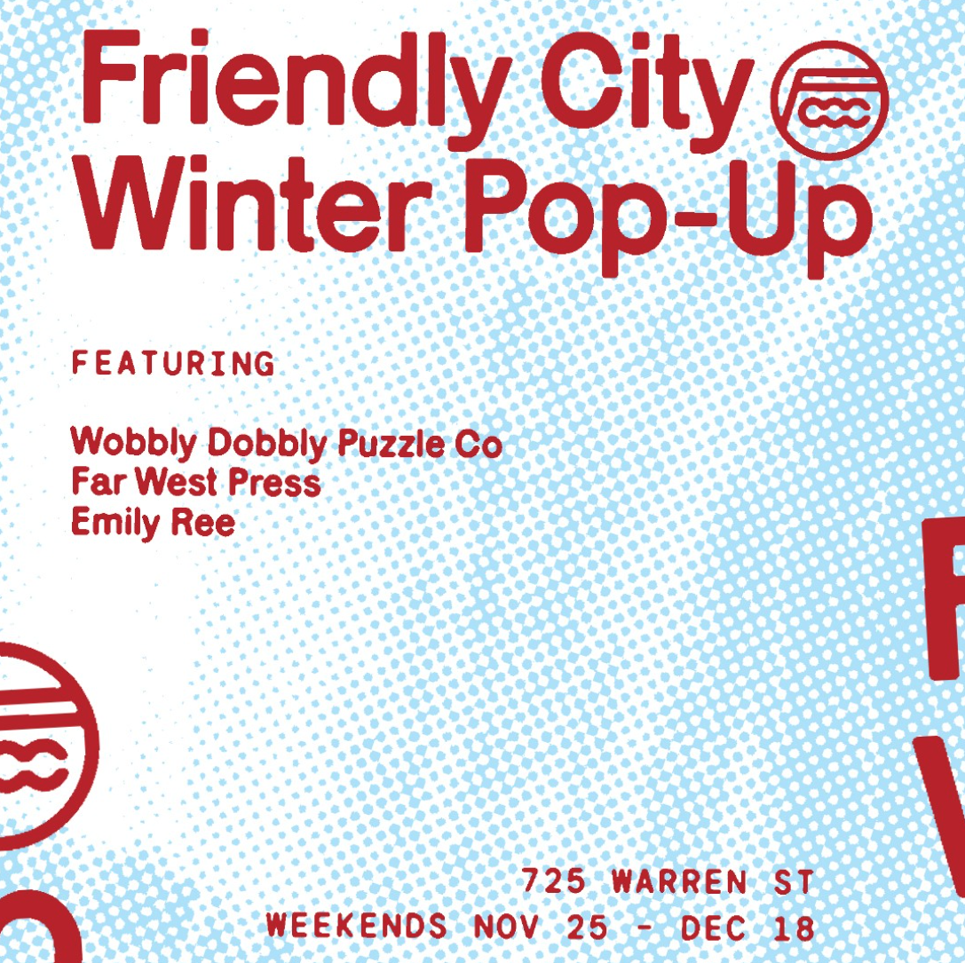 Poster for Friendly City Winter Pop-Up event with a blue and white dotted background, red text, and circular icons.