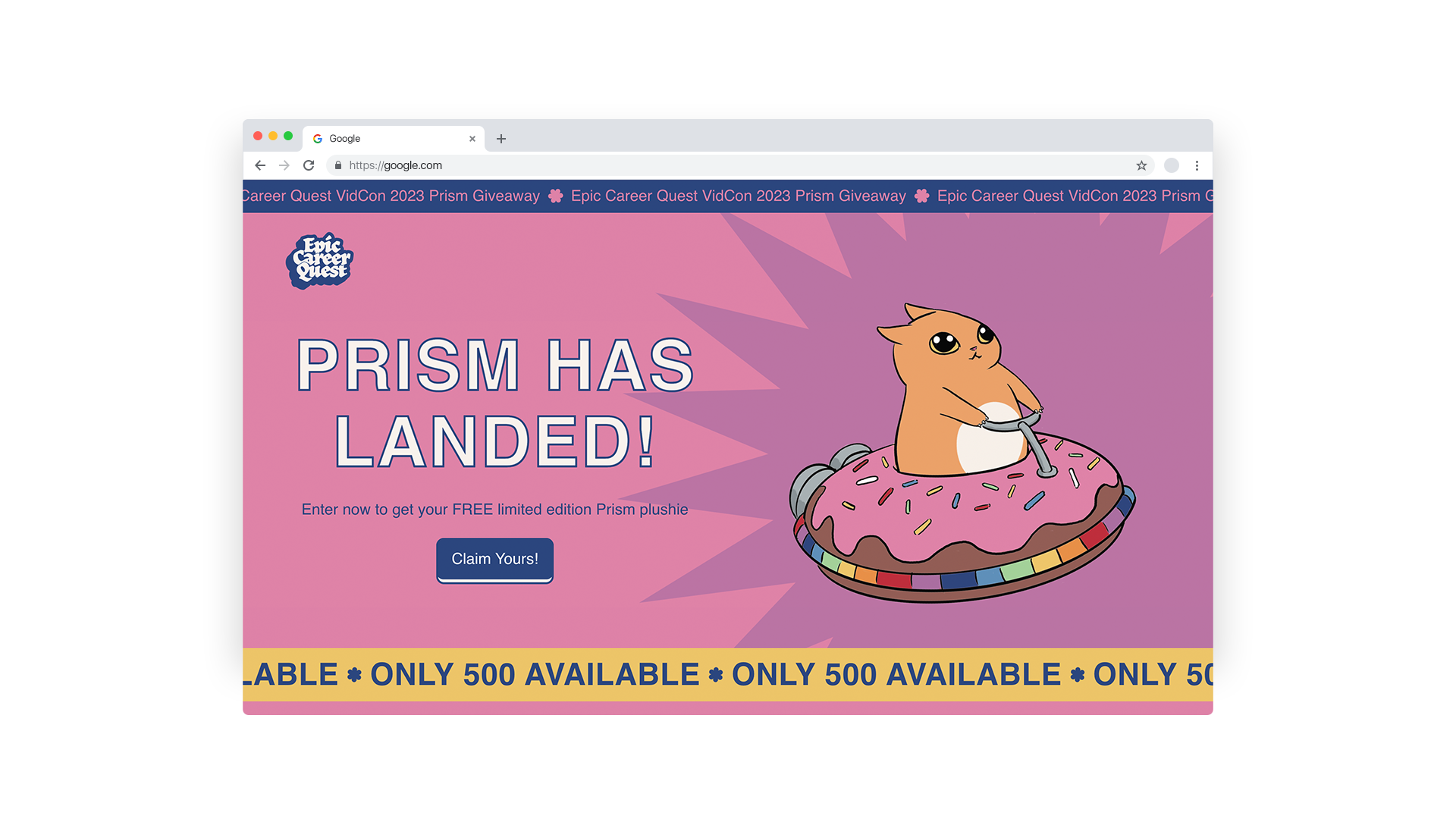 A colorful webpage banner announcing that Prism has landed, featuring a cartoon hamster riding a pink frosted donut with sprinkles, and a claim button to get a free Prism plushie.