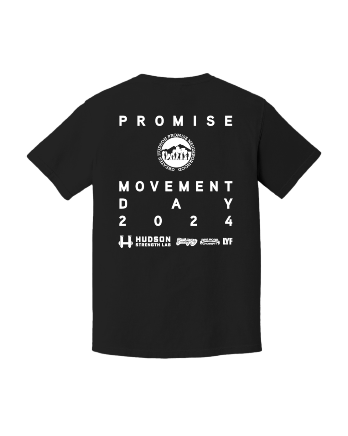 Black T-shirt with white text and logos for Promise Movement Day 2024, related to Hudson Strength Lab and other sponsors.