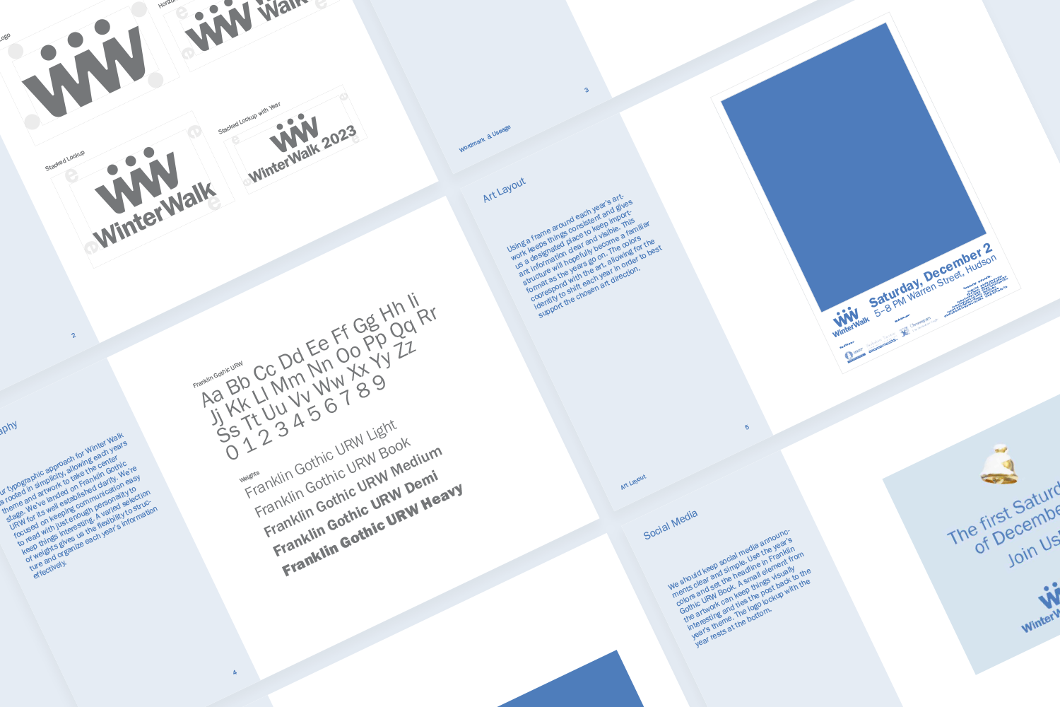 Design document for WinterWalk 2023 event, featuring logos, font samples, event details, and a schedule with blue and white color scheme.