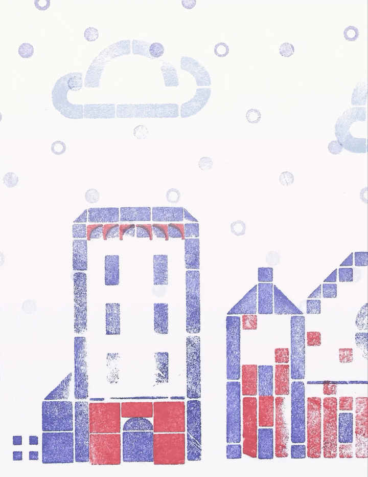 Watercolor illustration of a city skyline with tall buildings, small houses, and clouds in the sky, with snow falling.