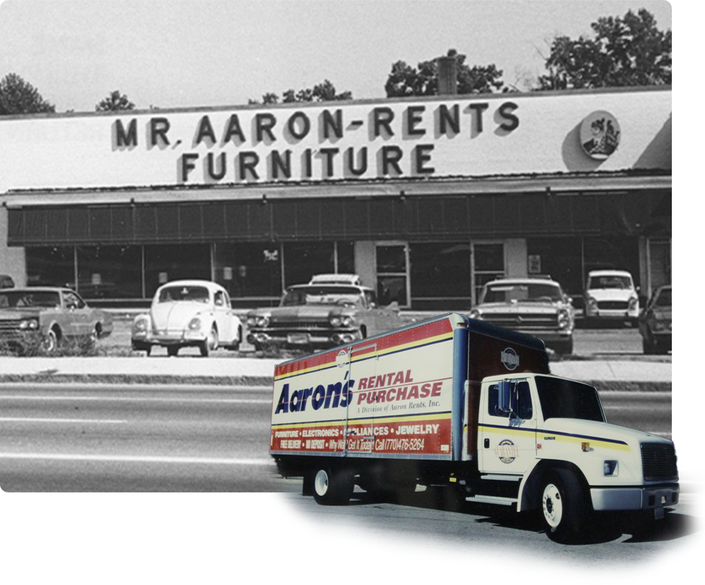 Photo of the original Aaron-Rents Furniture store and delivery truck.