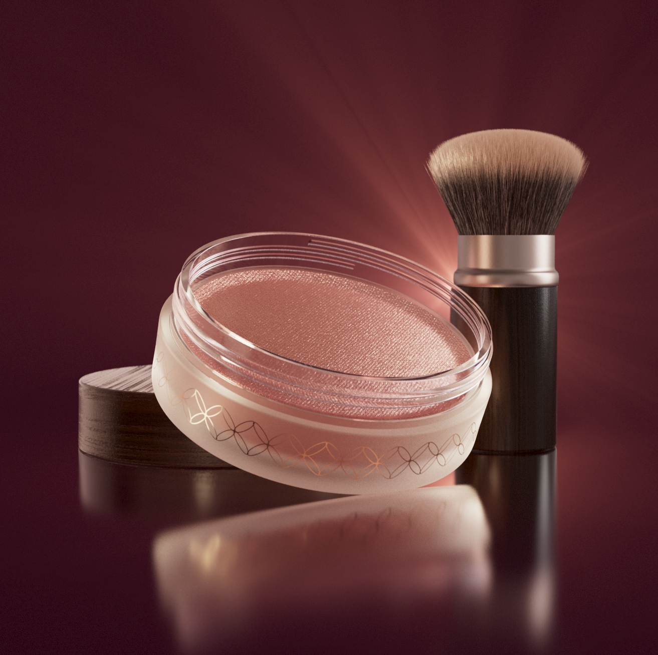 photographic render of a cosmetic product in a jar with a brush