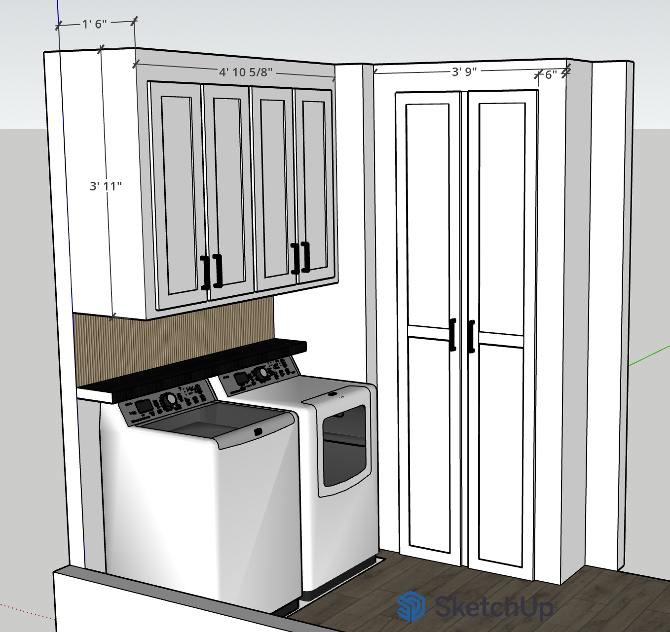 SketchUp digital rendering of a laundry area with a washing machine and dryer beneath brown cabinetry, white walls, and a small section of wood flooring.