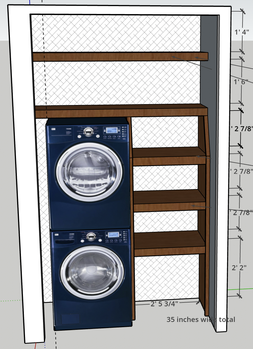 A laundry nook with a stacked washer and dryer, with wooden shelves on the side and on top, enclosed by a white frame.