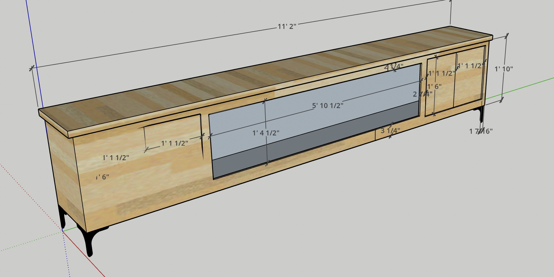 A wooden sideboard or TV stand with multiple compartments and drawers, featuring a wooden top, glass-fronted section, and black legs, with measurements marked.