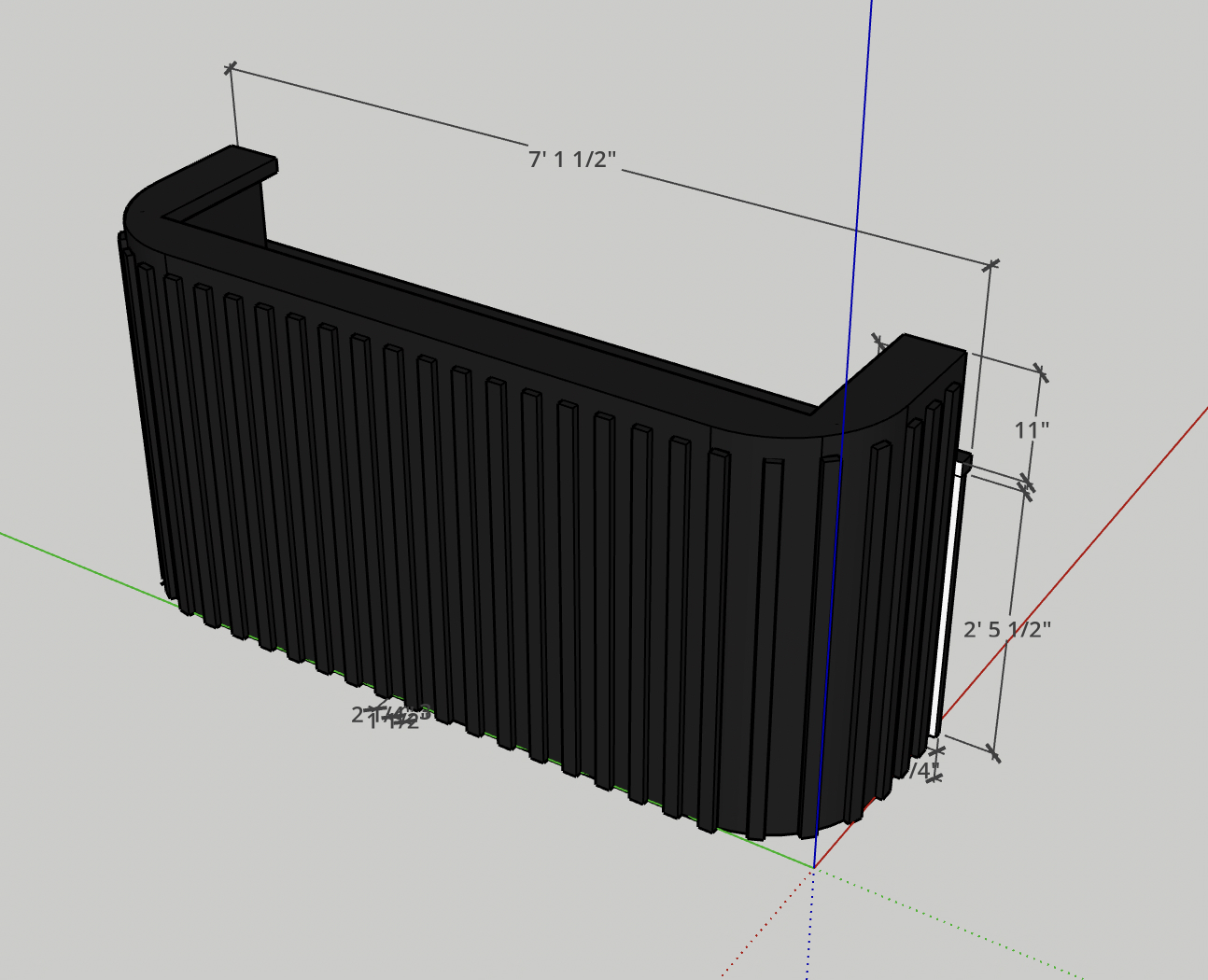 3D model of a black curved garden fence with vertical slats, showing measurements of 7 feet 1.5 inches in length, 11 inches in height, and 2 feet 5.5 inches in width.