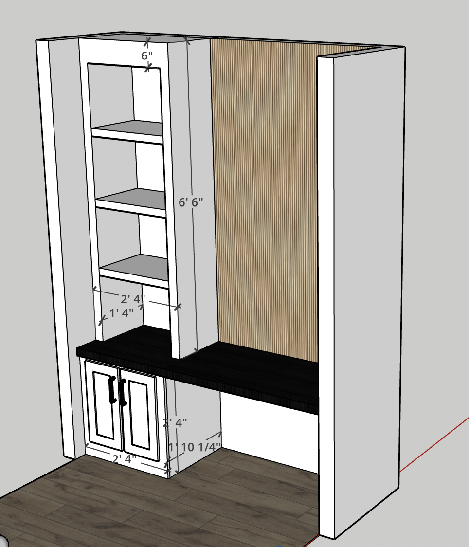 3D sketch of a built-in wall unit featuring shelves, a countertop, and cabinet with brown doors, with measurements for specific sections.