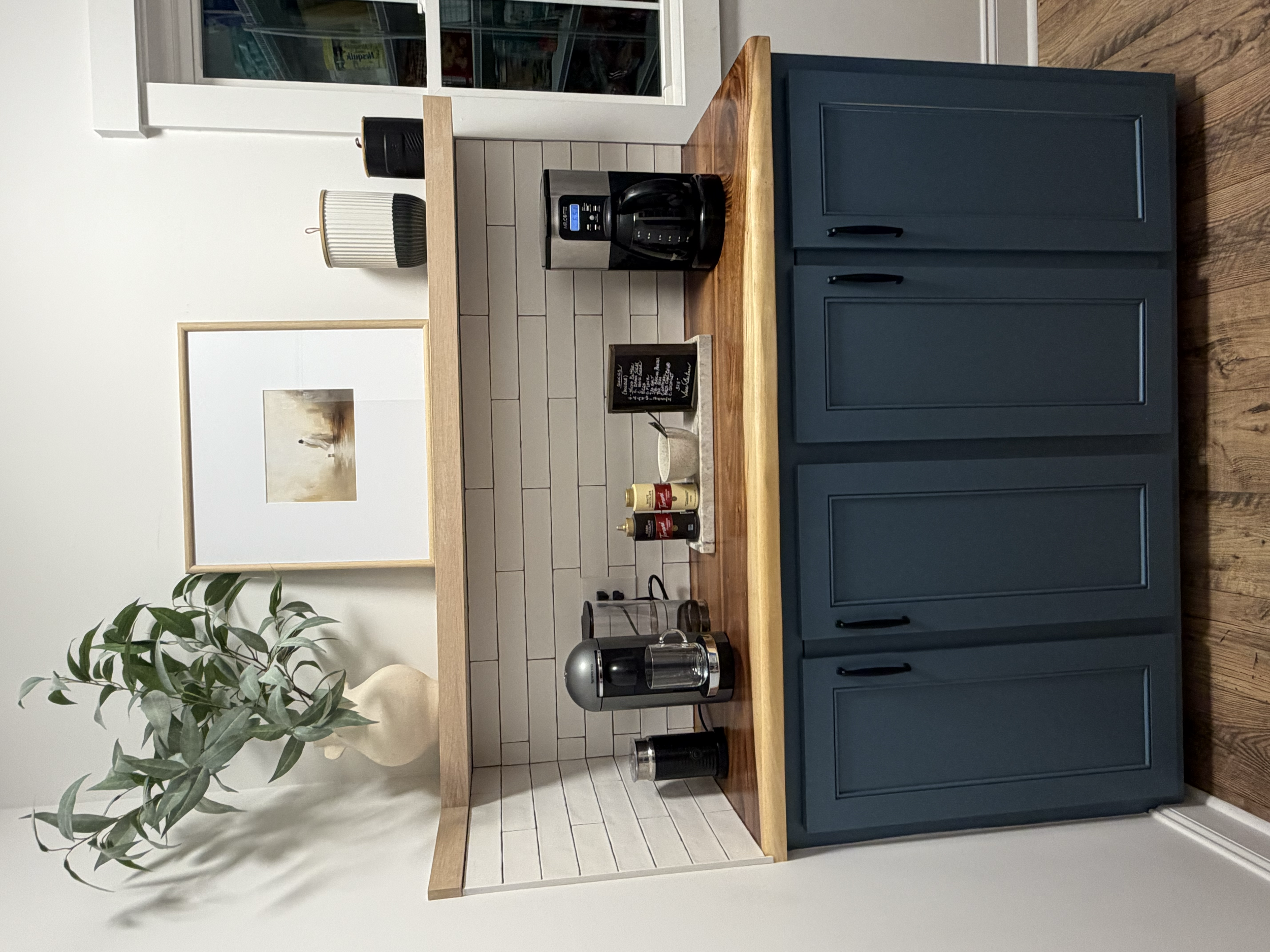 custom cabinet / coffee bar / floating shelves / white oak