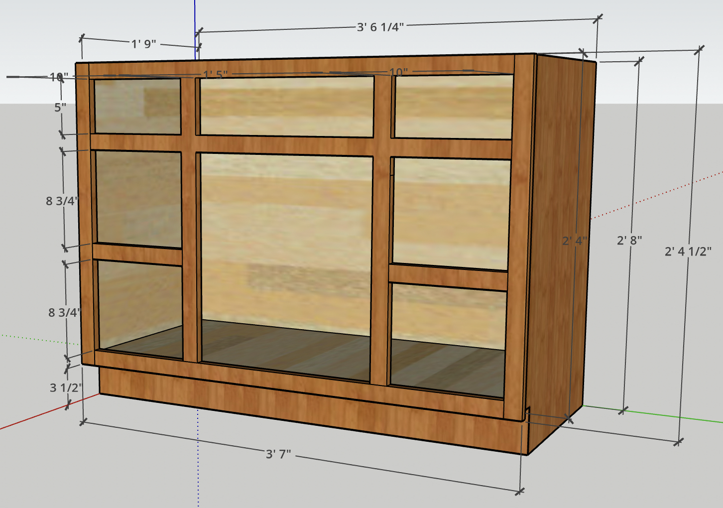 A 3D rendering of a wooden display cabinet with multiple shelves and dimensions marked, showing interior and exterior measurements.