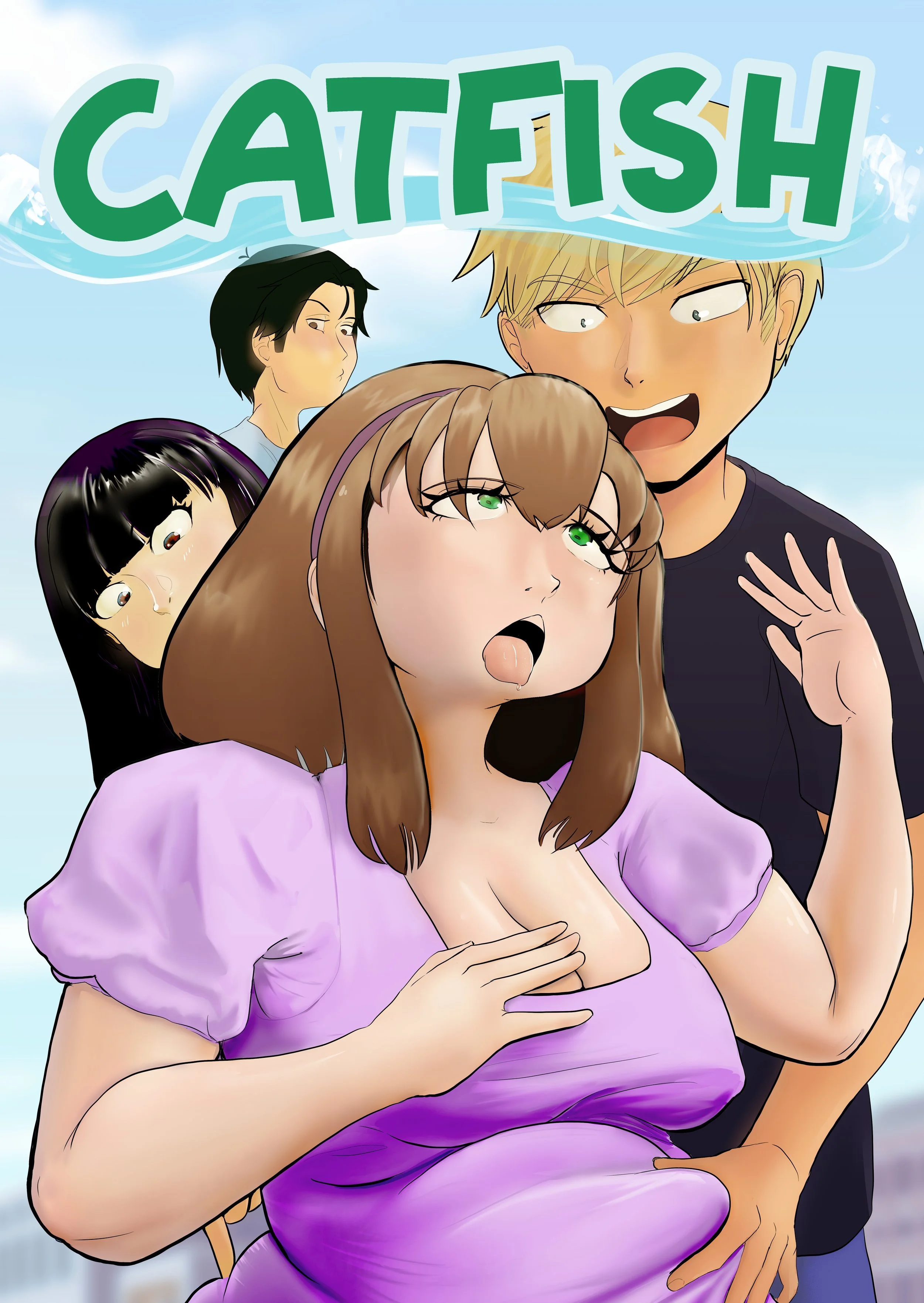 An anime-style illustration of four characters, with the focus on a brown-haired girl in a purple dress, a blonde-haired boy, a dark-haired girl, and another dark-haired boy, with the word 'CATCHISH' in large green letters at the top.