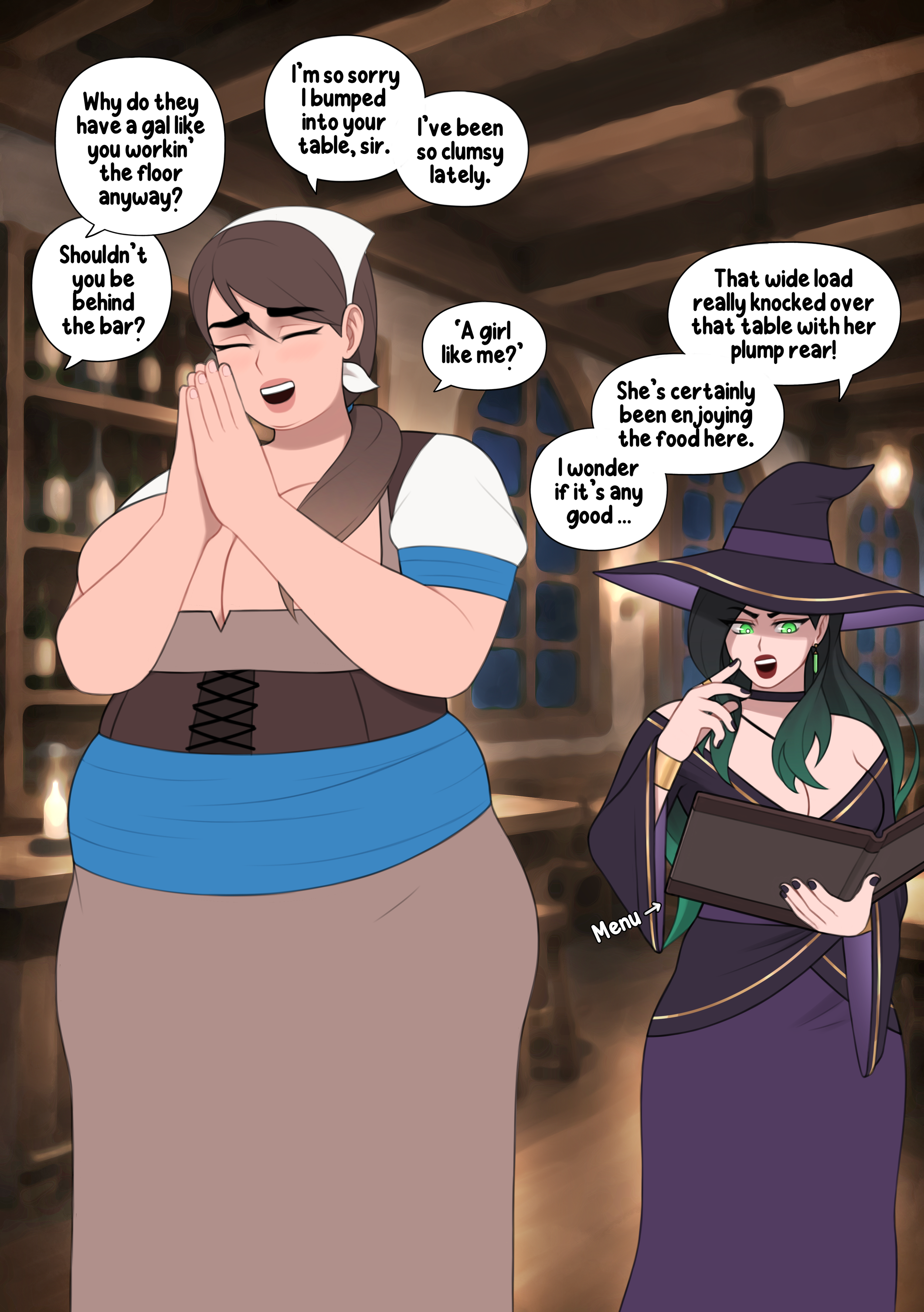 A woman dressed as a witch with green eyes, black hair, and a purple hat, looking at a menu. She is in a cozy, warmly lit room with wooden beams. A large, pregnant woman with brown hair, wearing a medieval-style dress with a blue sash, is apologizing after bumping into her. They are having a conversation about food and the pregnant woman's stomach.