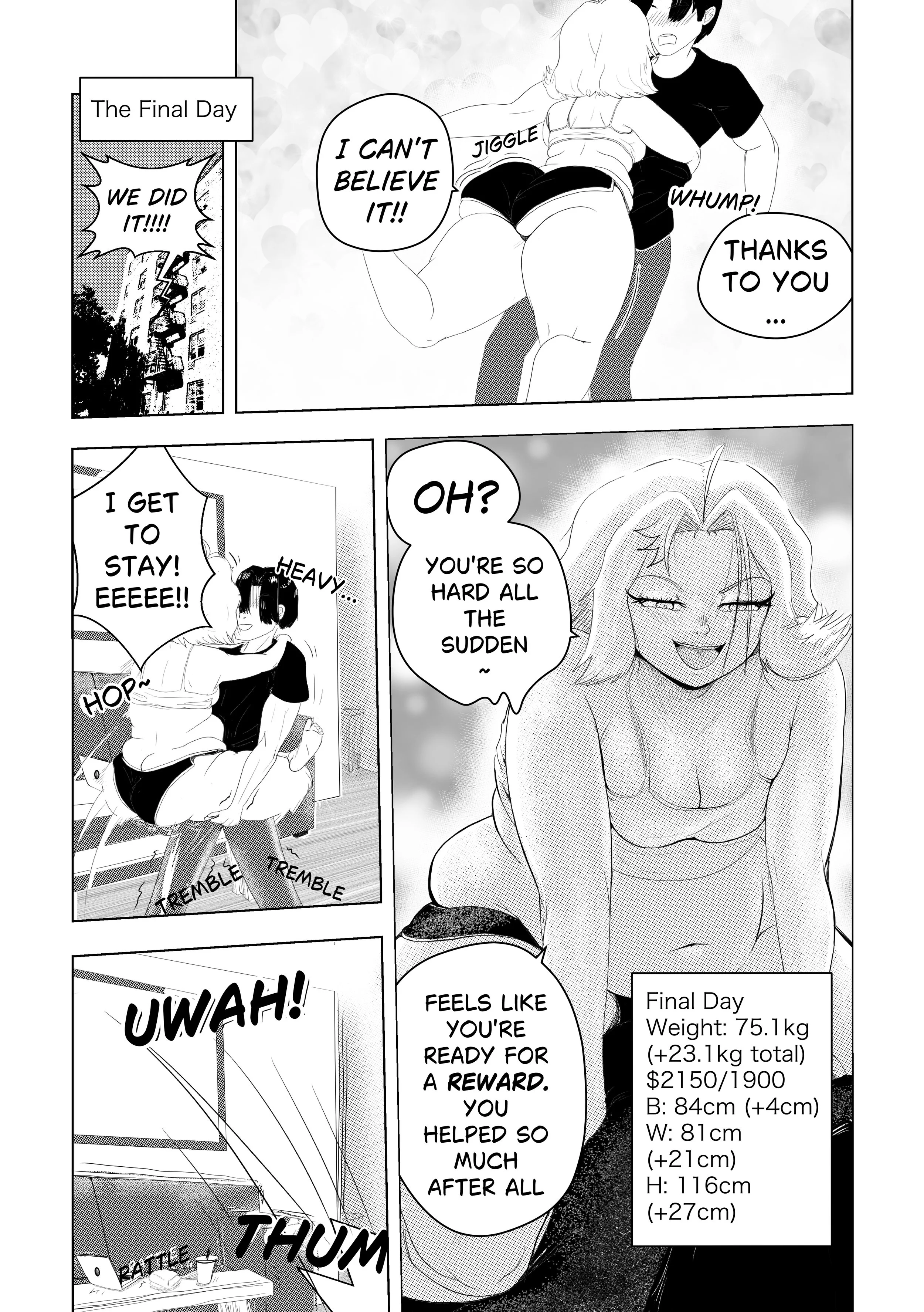 Black and white manga comic page depicting a happy scene with two characters, one man and one woman, celebrating and embracing each other. The woman is lifting the man, and they are smiling. Various speech bubbles contain dialogue about achievement and gratitude. The background has a pattern of hearts and text boxes indicate it is the final day of a journey, with details about weight loss and measurements.