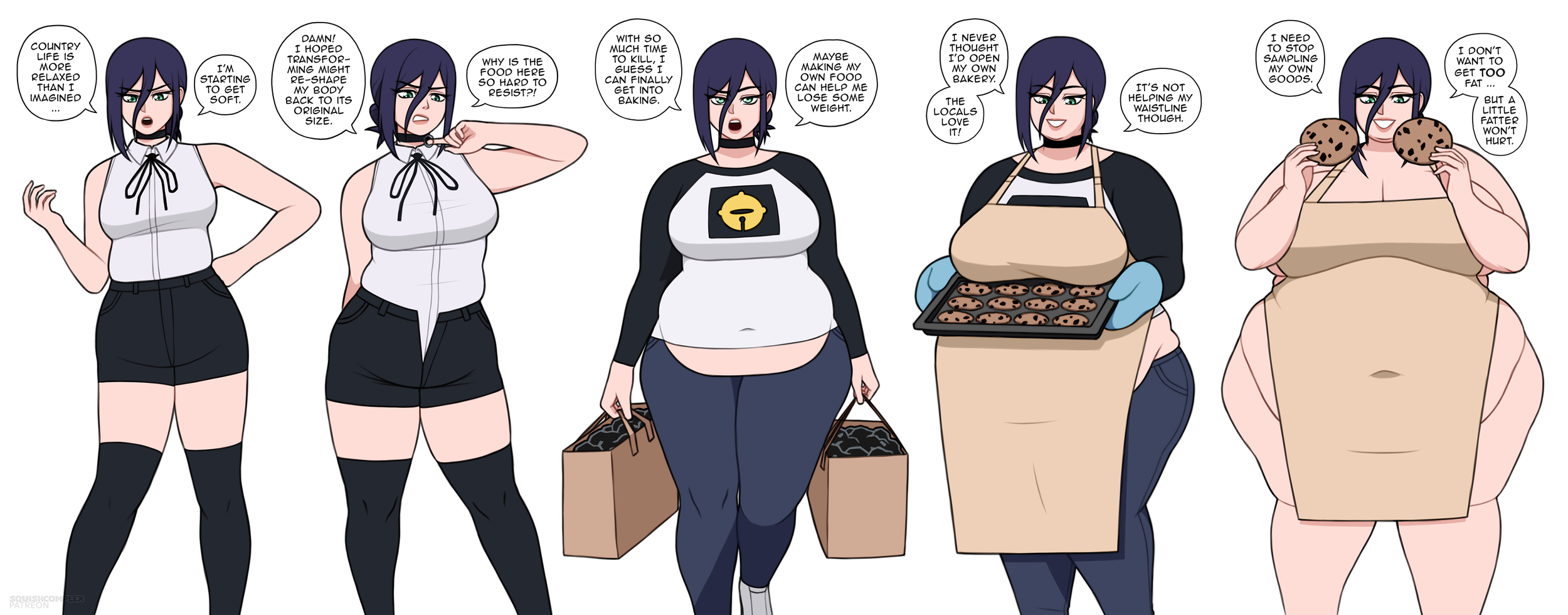 Series of women with different body types and hair colors, discussing their relationship with food, baking cookies, and their weight.