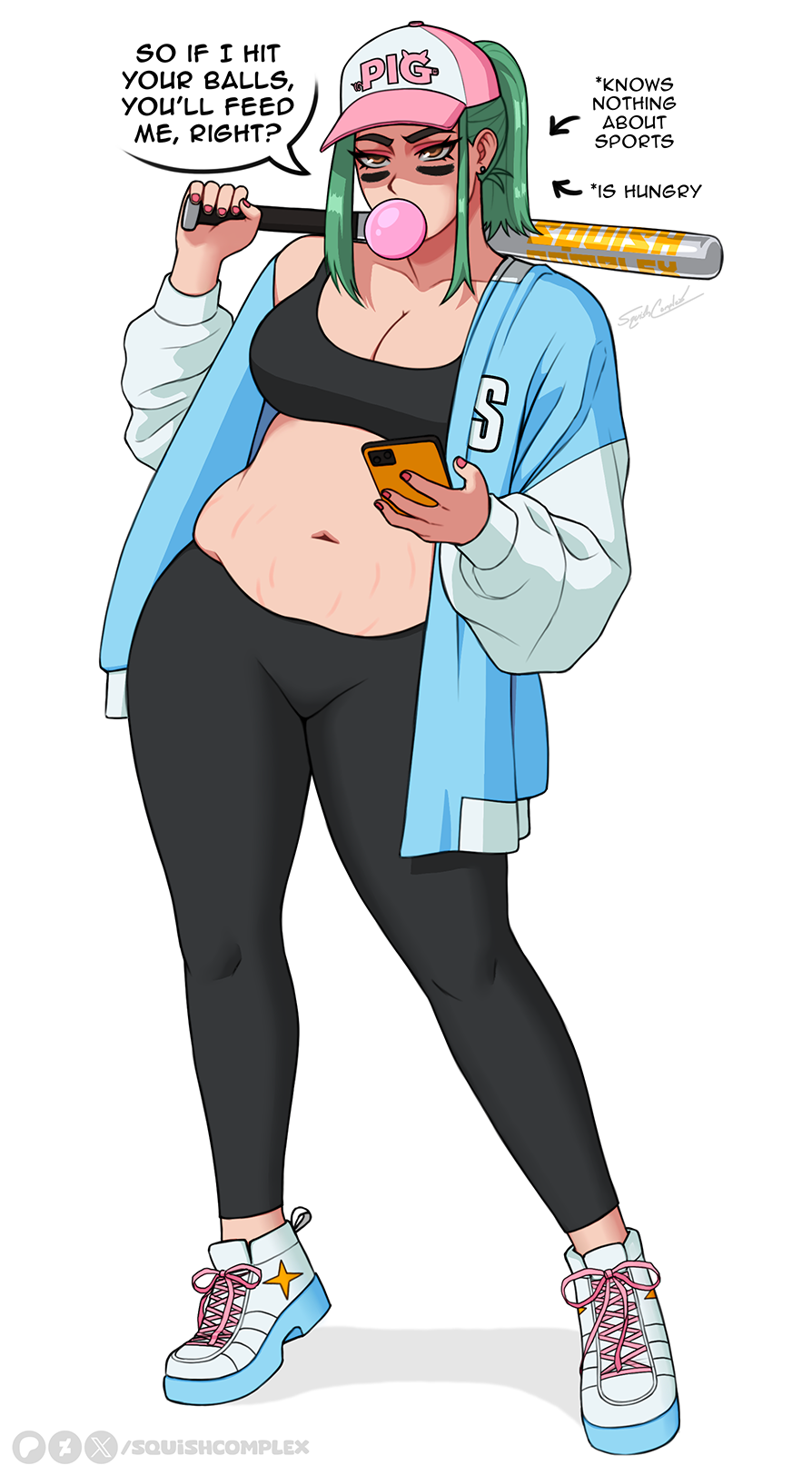 Cartoon woman with green hair, wearing a pink cap labeled 'Pig', blowing bubble gum, holding a phone and a bat on her shoulder, dressed in a black sports bra, light blue and white jacket, black leggings, and white sneakers with pink laces and star decoration.