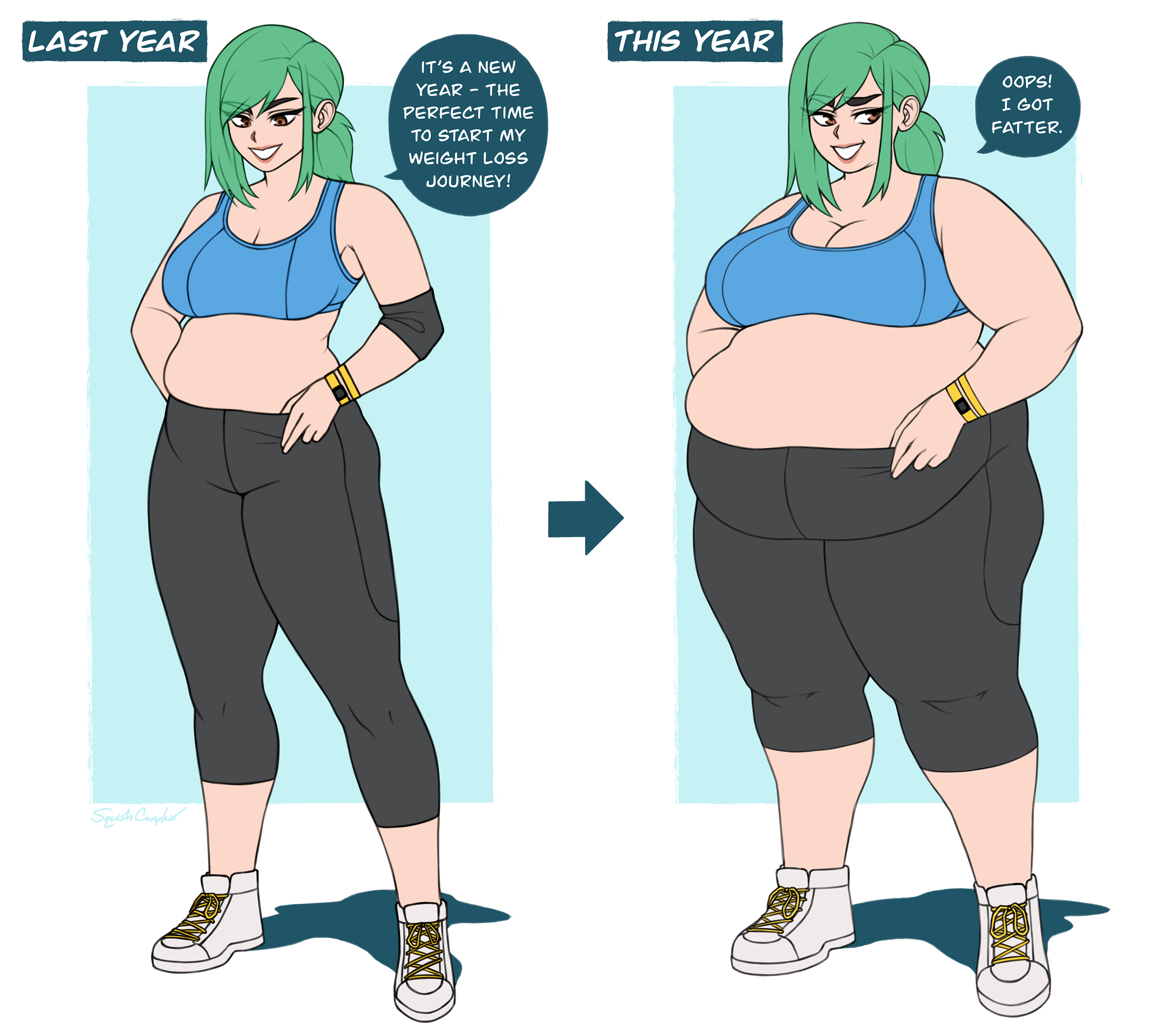 Comparison of a woman with green hair in workout clothes, showing her weight loss progress from last year to this year. In last year's image, she is smiling and planning a weight loss journey, while in this year's image, she has a fuller figure and appears surprised, saying she got fatter.