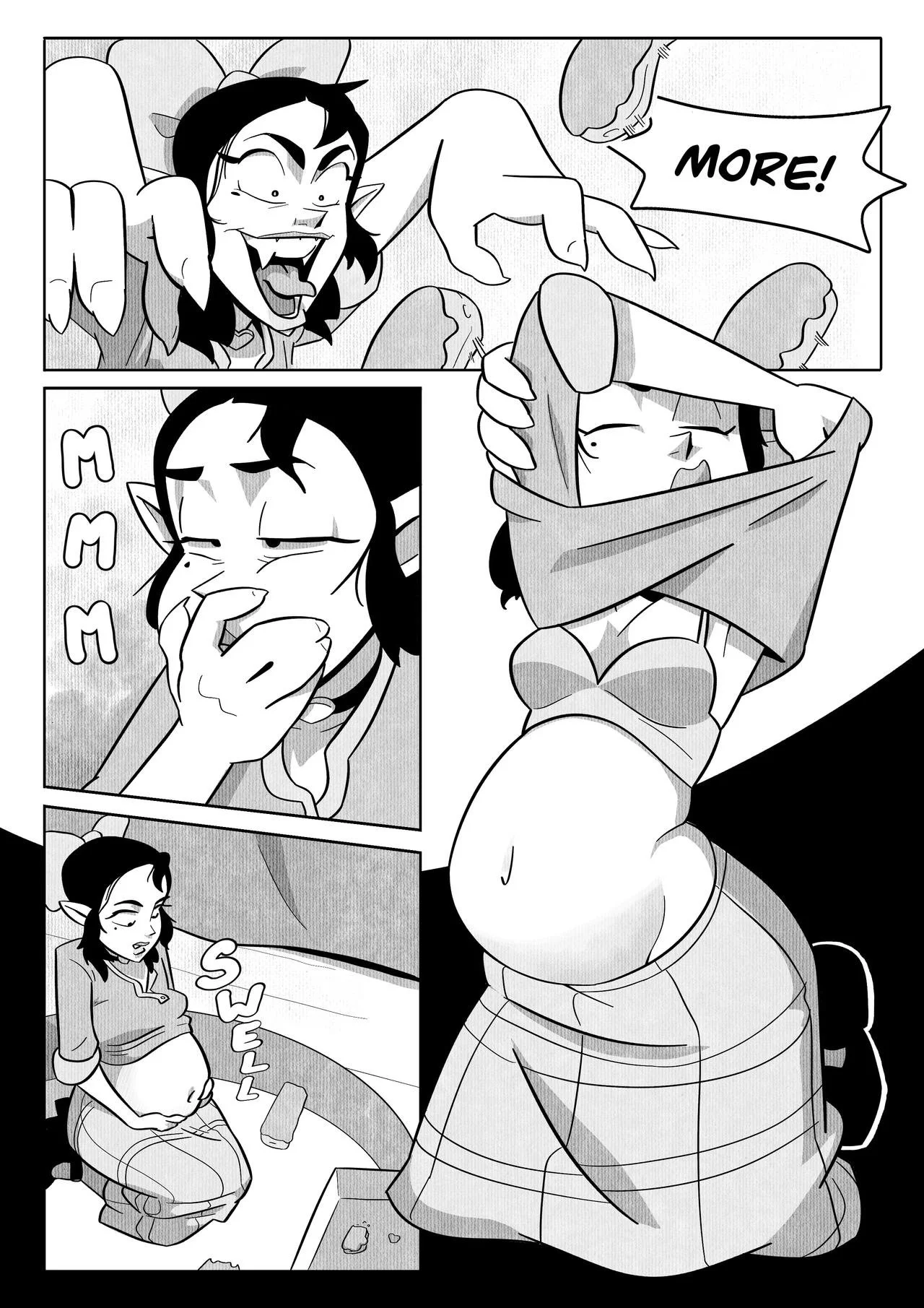A black and white comic panel showing a fantasy scene with a comic female character wrapped in a blanket, a small female character with pointed ears and fangs reaching for snacks, and another female character sitting on the floor. The female characte