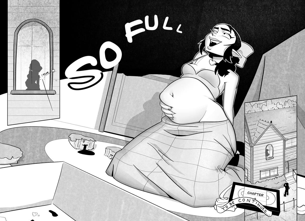 Black and white illustration of a pregnant elf woman with long hair, sitting on a sofa, laughing, with the word "SO FULL" in large letters above her. In the background, a silhouetted figure is seen through a window, and a framed picture of a house is