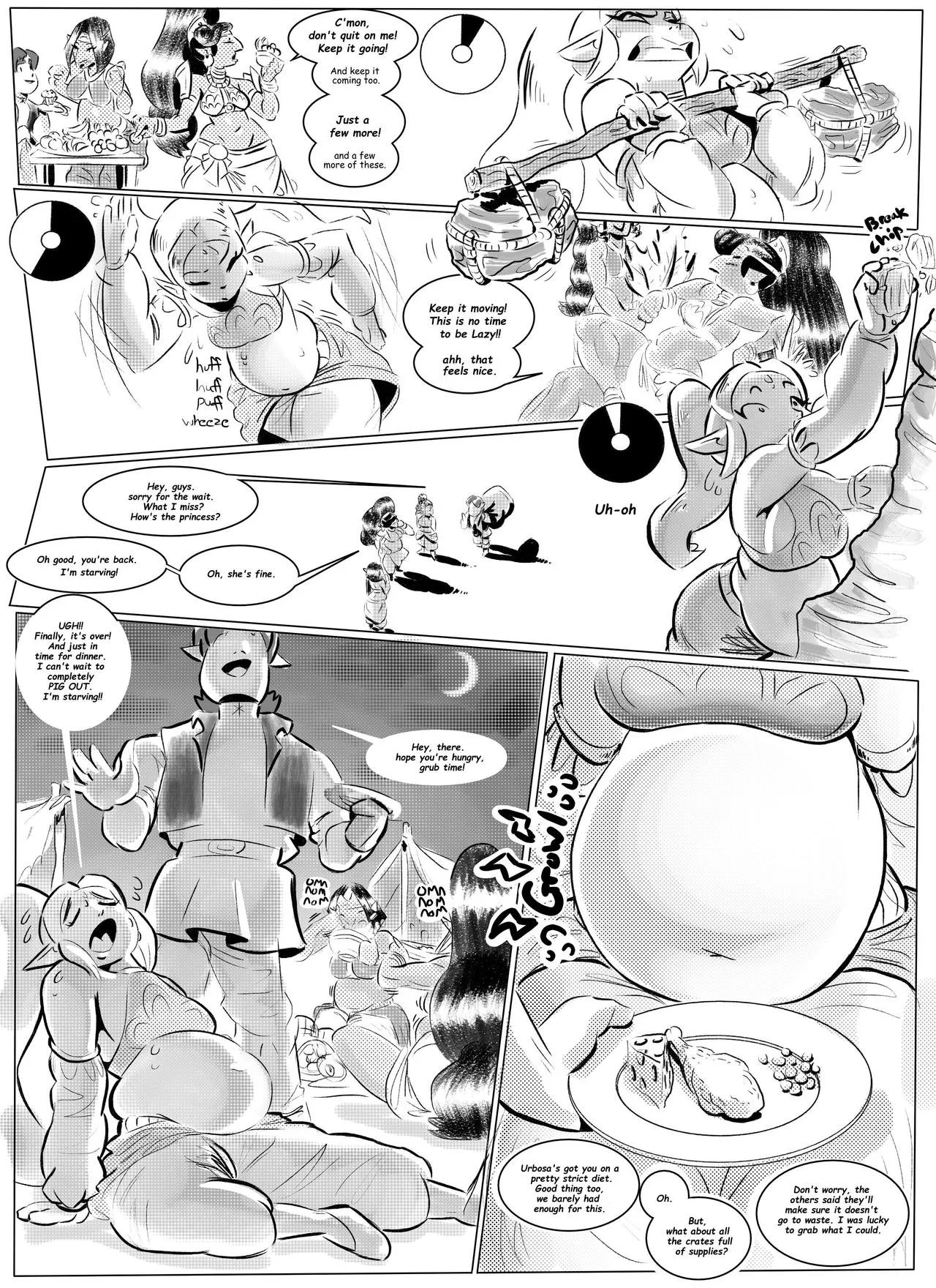 A comic strip featuring anthropomorphic characters, including a princess and a warrior, with scenes of a festival, a character wielding a large weapon, and characters enjoying food and engaging in conversation.