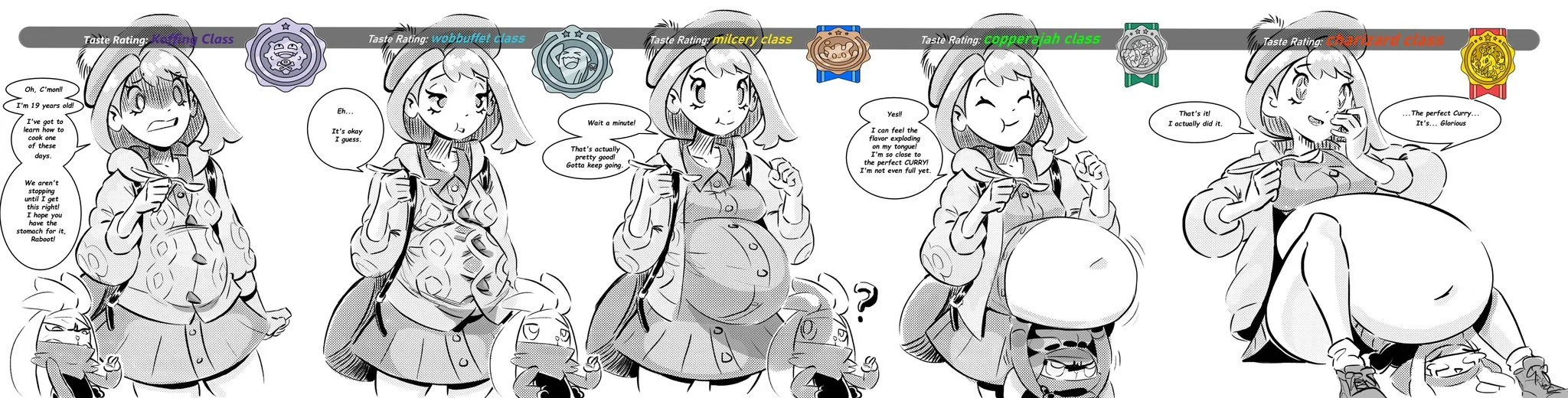 A manga-style comic strip featuring a girl with different tatse ratings: ranking class, wobbuffet class, milcery class, copperajah class, charizard class. The girl is eating and talking about her achievements, with speech bubbles and various taste cl