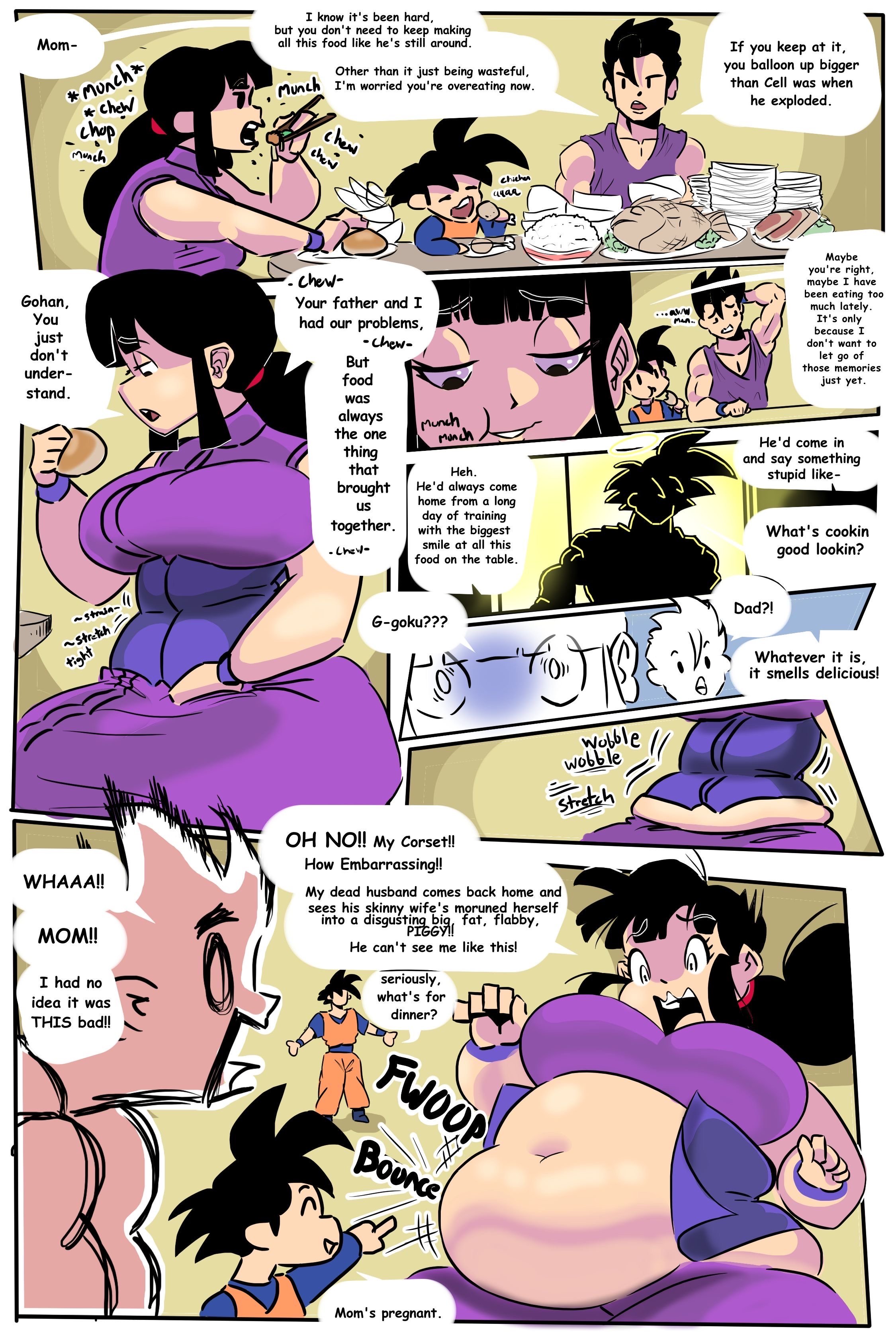Comic strip depicting a family dinner where a woman is eating loudly, a man is talking about food, and a young girl is surprised and upset about her mother's pregnancy reveal. The scene includes various food dishes, a young boy, and humorous dialogue