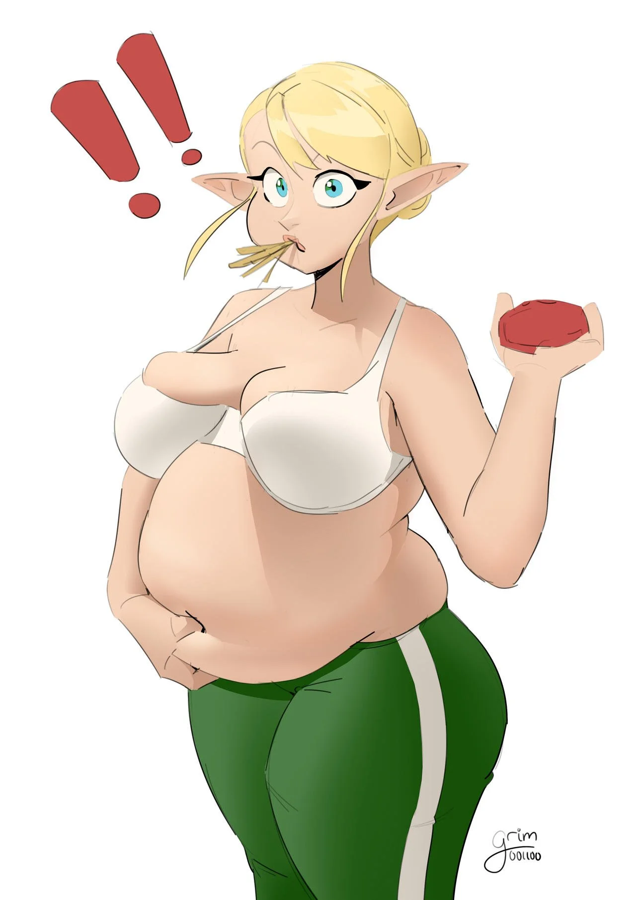 An animated female elf with blue eyes and blonde hair, wearing a white bra and green pants, holding a red object in her right hand, with spaghetti in her mouth, looking surprised with red exclamation marks beside her head.