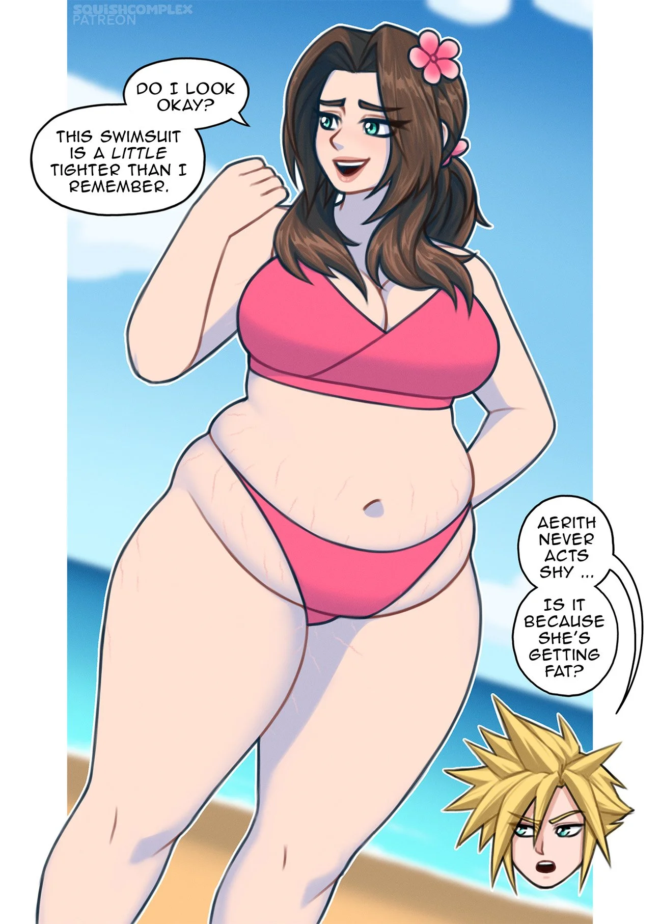 A cartoon woman in a pink swimsuit on a beach, with a speech bubble asking, 'Do I look okay? This swimsuit is a little tighter than I remember.' Another speech bubble questions, 'Aerith never acts shy... is it because she's getting fat?' A character 