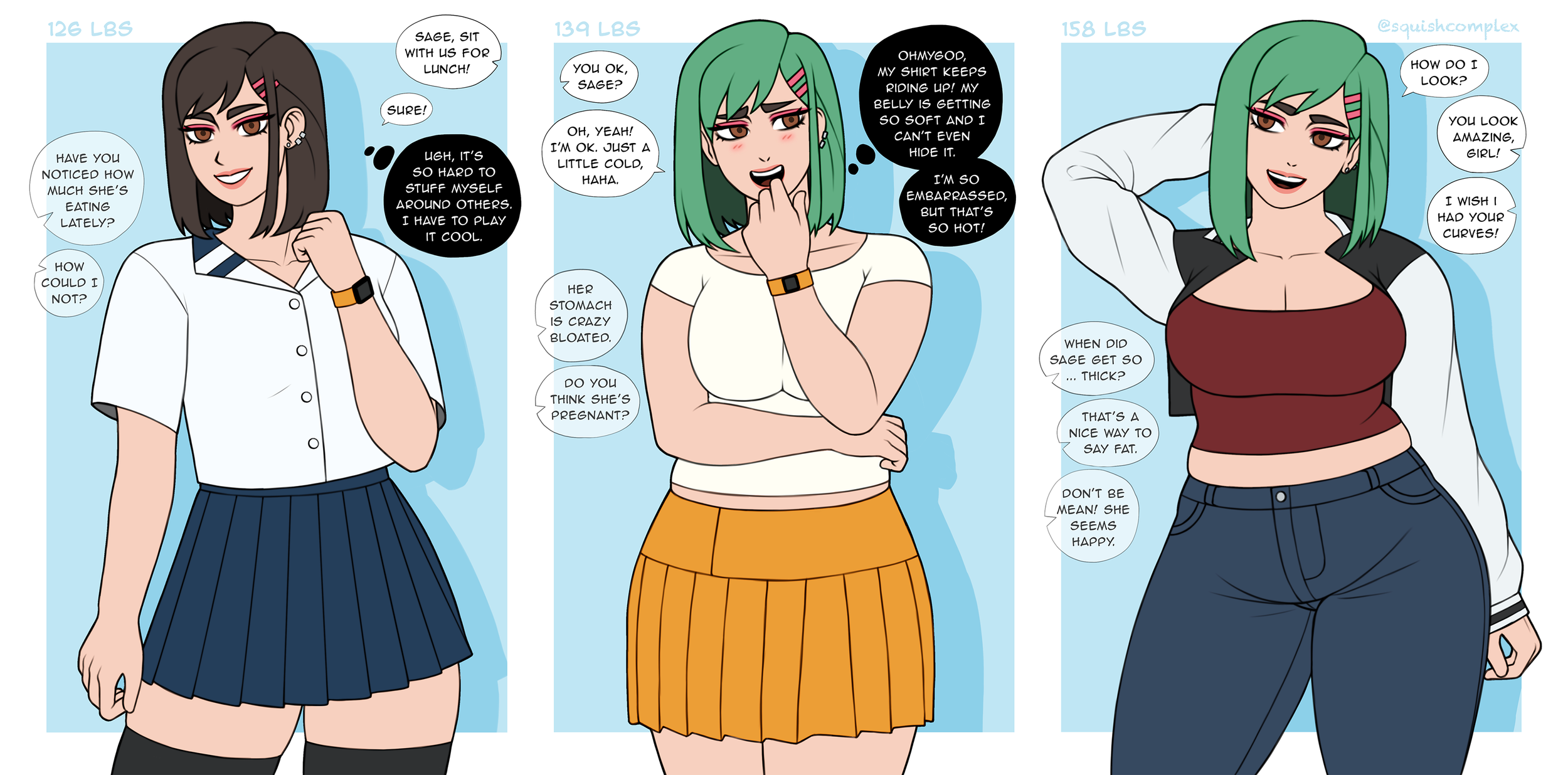 Three women with different body types and hair colors are depicted in a comic strip style. Each woman is wearing casual clothing and has a speech bubble. The first woman has shoulder-length dark hair, a white shirt, and a navy pleated skirt. She is s