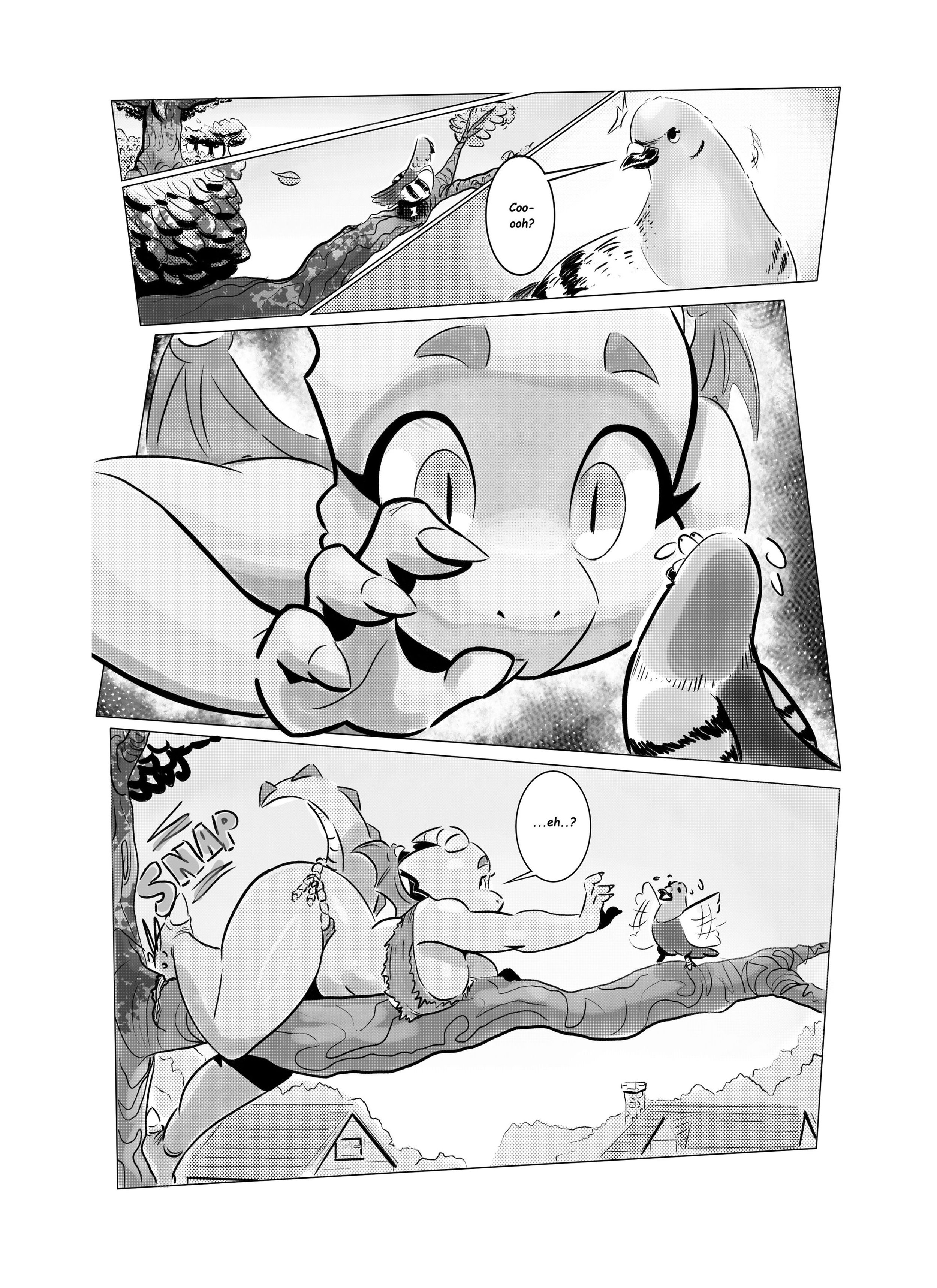 In this black and white comic panel, a small bird is perched on a branch, and a larger bird with a mischievous expression appears to be talking to it, saying 'Coo-oooh?'. The comic features expressive characters, including a cute, kitten-like creature with large eyes and a playful demeanor, reaching out to the larger bird. The scene is set in a natural, outdoor environment with rooftops visible in the background, and the characters appear to be engaging in a humorous or curious interaction.