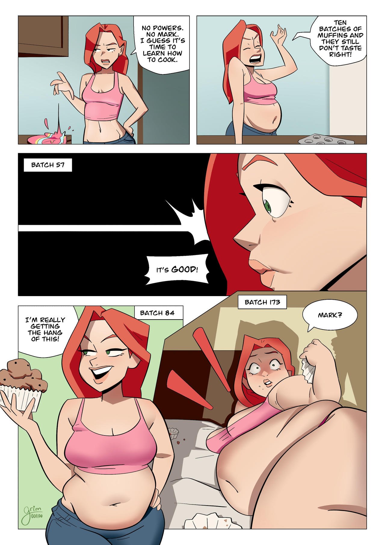 A comic strip featuring a red-haired woman in a pink top and jeans learning to cook. She criticizes her baking attempts, then tries a cupcake with enthusiasm. Later, she happily shows off her cupcake, while another woman, who is larger and also red-h