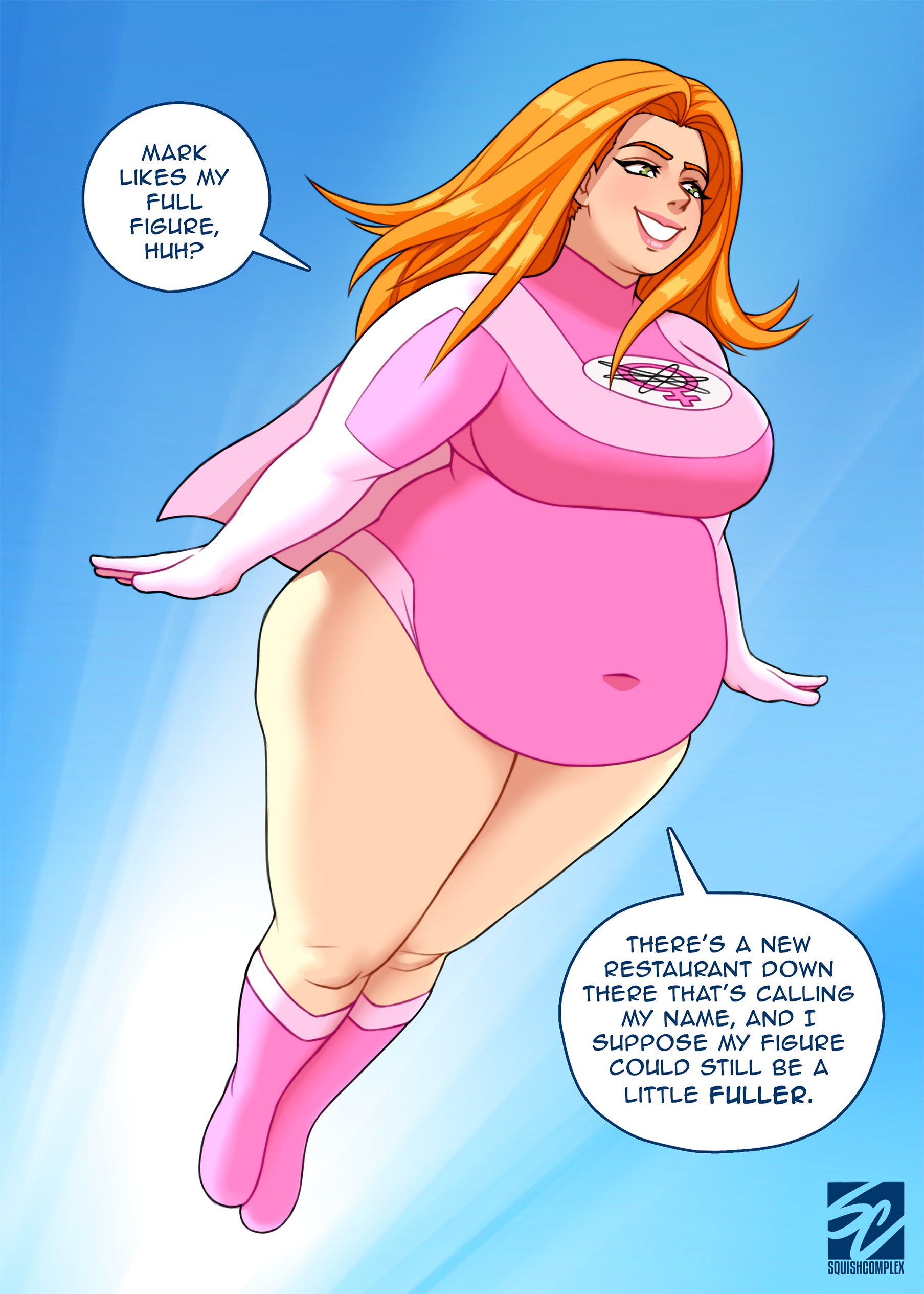 A comic book-style illustration of a woman with long red hair in a superhero costume, pink and white, flying in a blue sky. She has a confident smile and is speaking with a speech bubble.