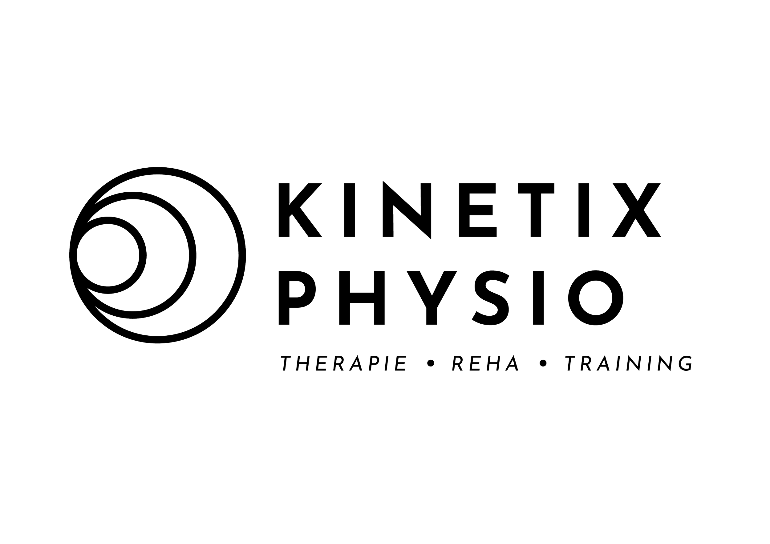 Logo für Kinetix Physio mit einem kreisförmigen Design und den Worten ‚THERAPIE, REHA, TRAINING‘ darunter.