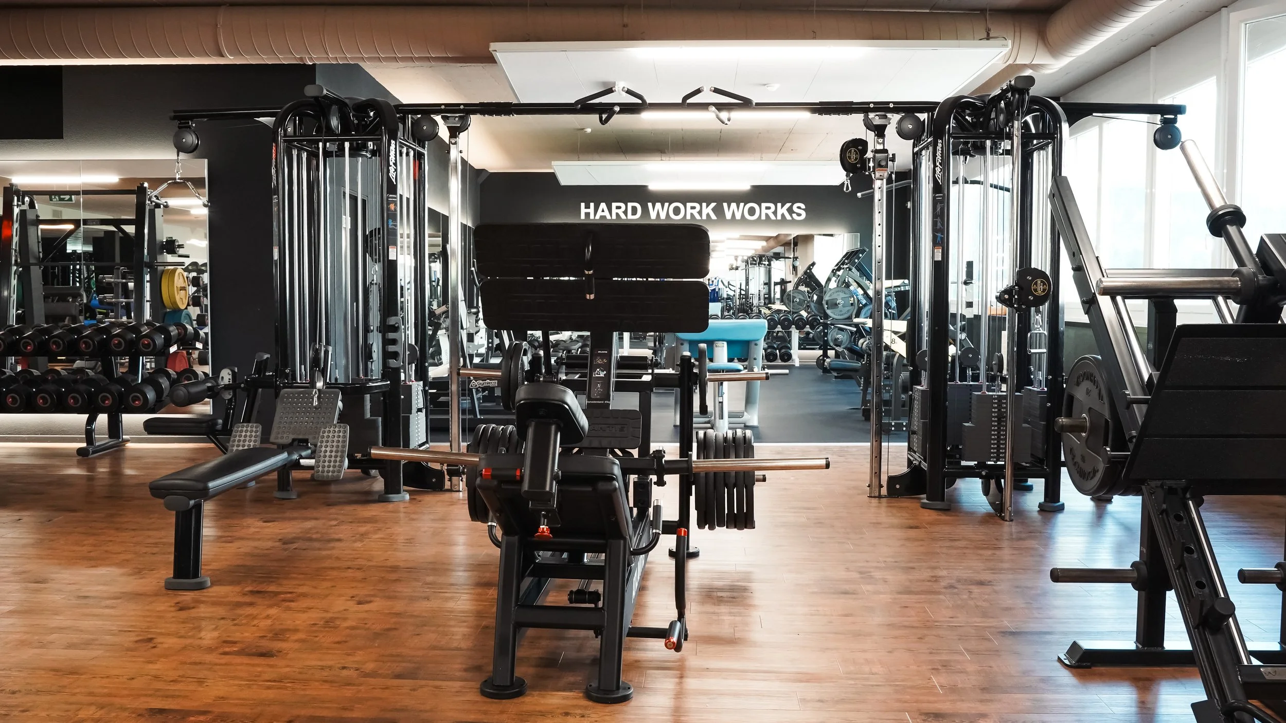 Fitnessstudio mit verschiedenen Trainingsgeräten, inklusive Hantelbank, Gewichte und Kraftmaschinen, und einem Wandbild mit dem Schriftzug 'HARD WORK WORKS'.
